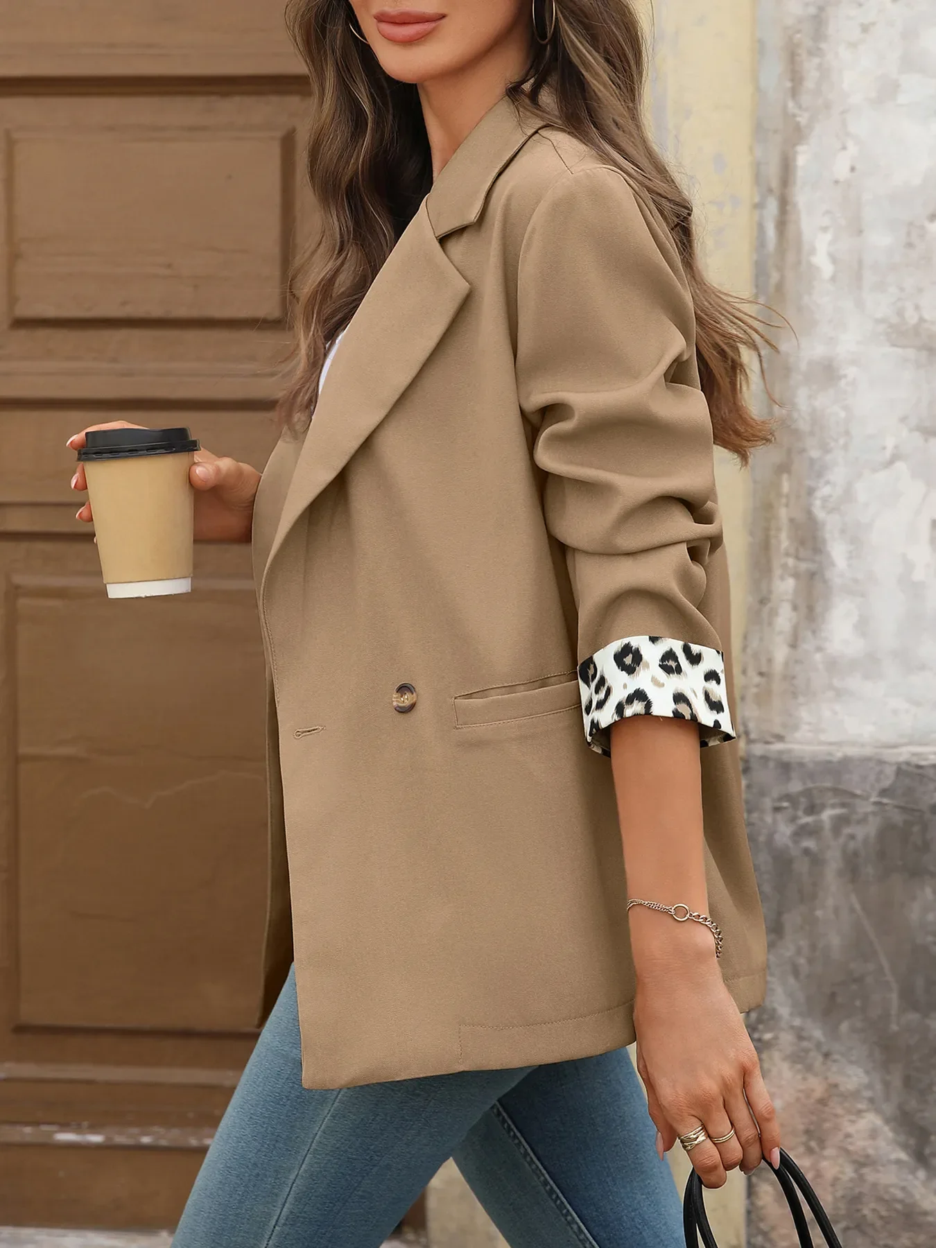 Lapel Collar Leopard Cuff Long Sleeve Blazer - Image 5