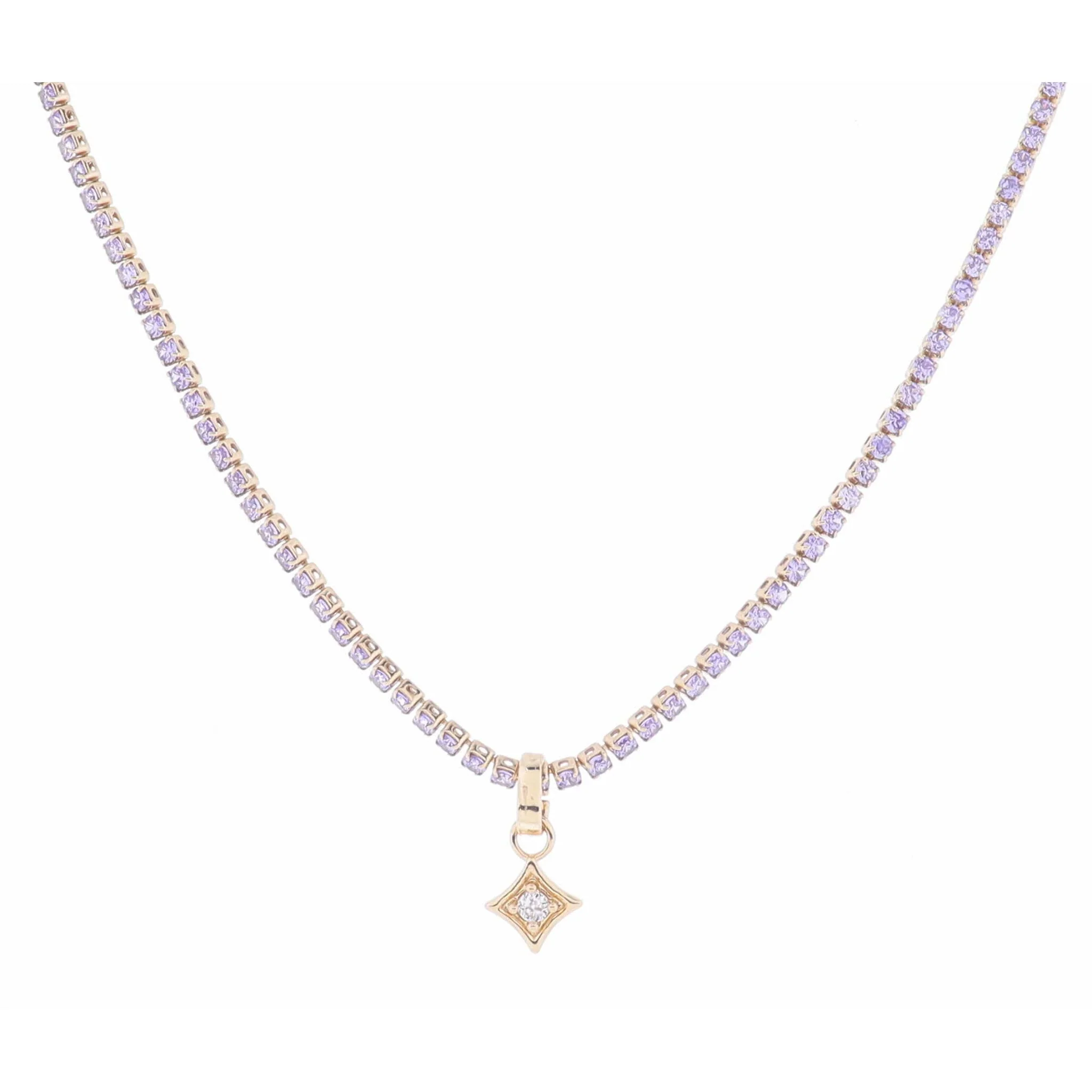 Lavender Crystal Tennis and Clear Crystal in Gold Diamond Necklace, 2.5" Ext