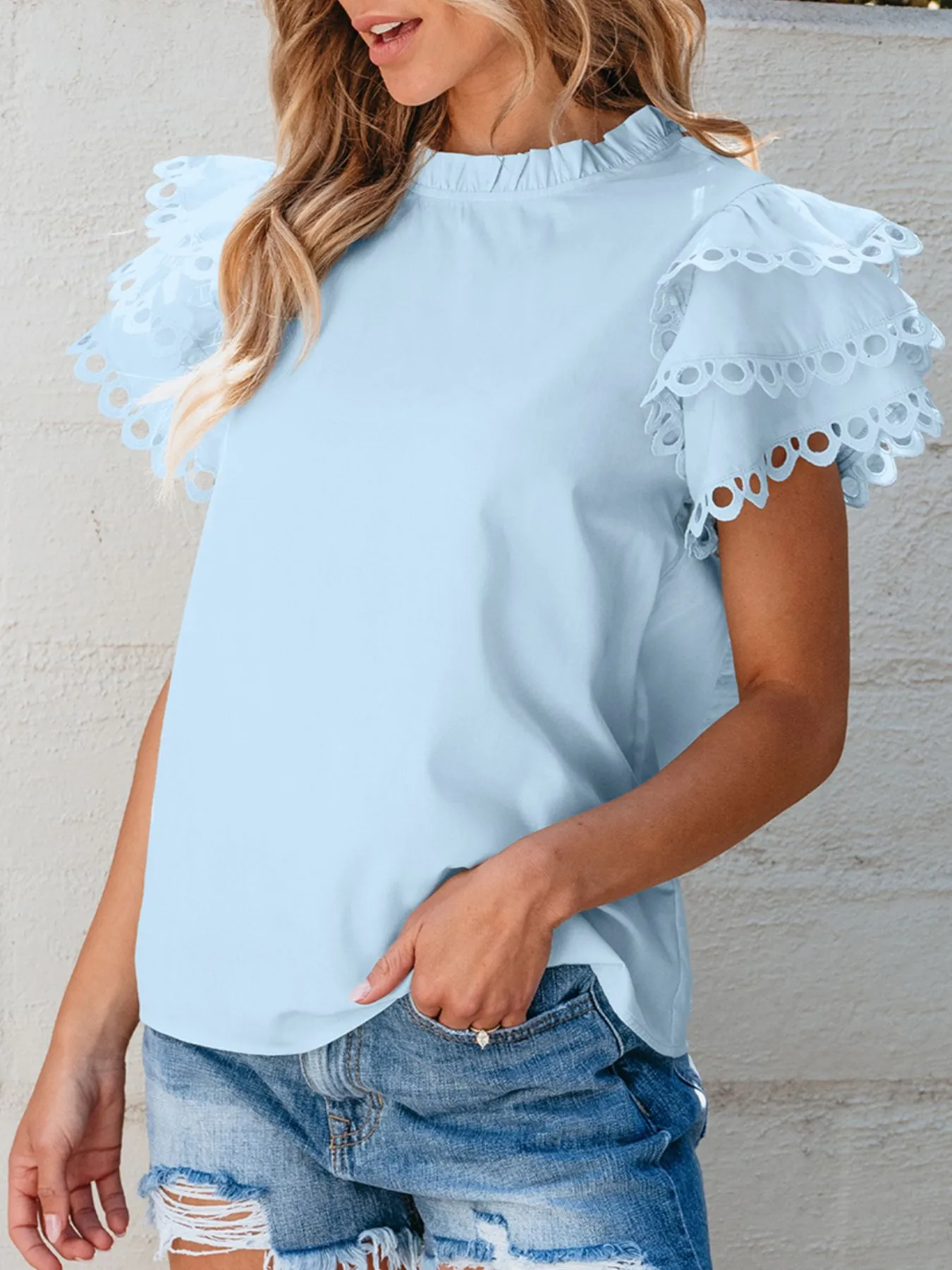 Layered Ric Rac Short Sleeve Filled Neck Blouse - Image 5