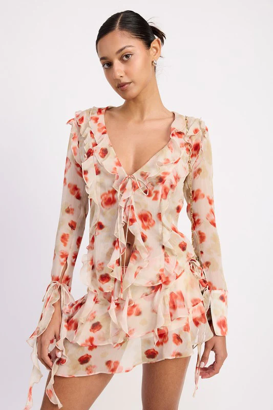LAYERED RUFFLE MINI SKIRT IN SHEER FLORAL PRINT - Image 2