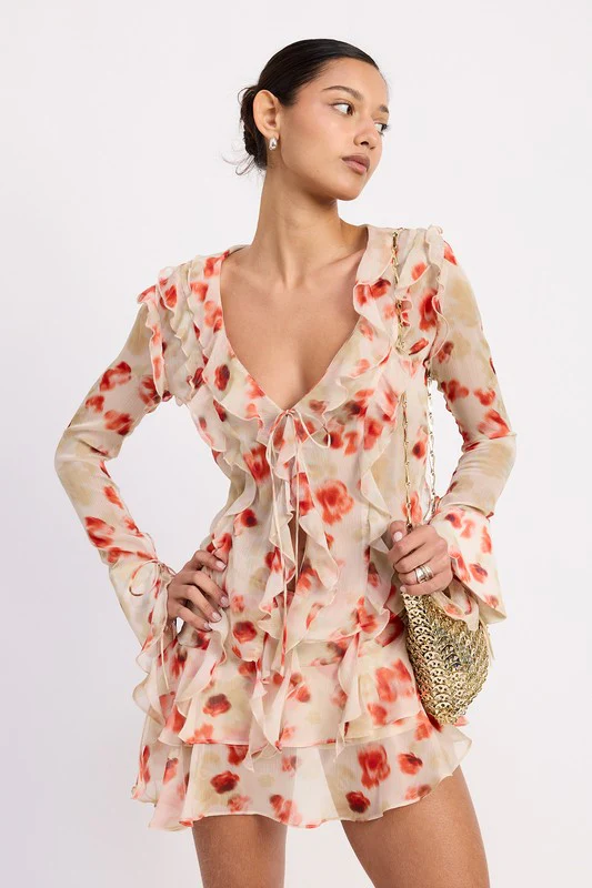 LAYERED RUFFLE MINI SKIRT IN SHEER FLORAL PRINT - Image 4