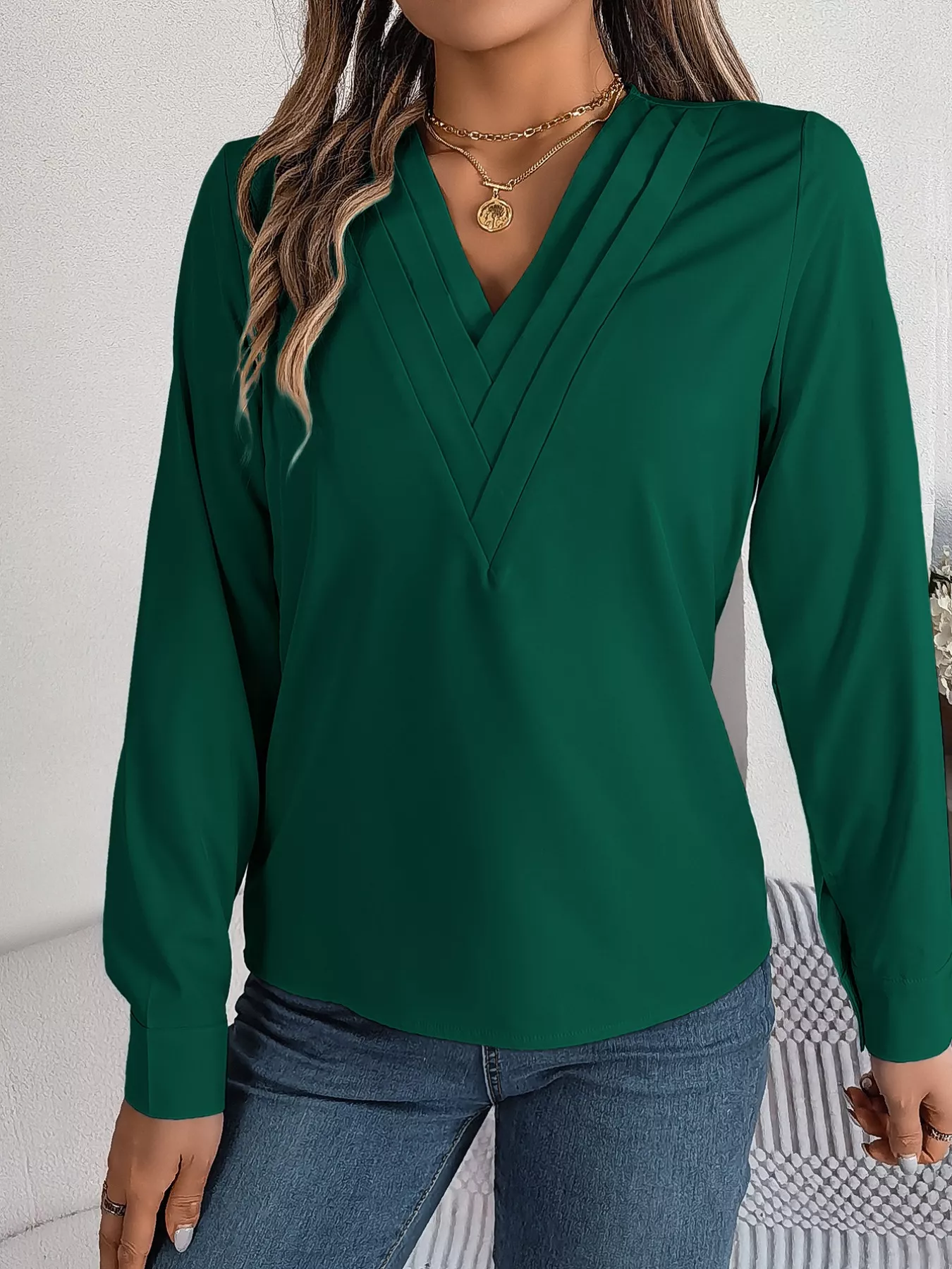 Layered V-Neck Long Sleeve Blouse - Image 18