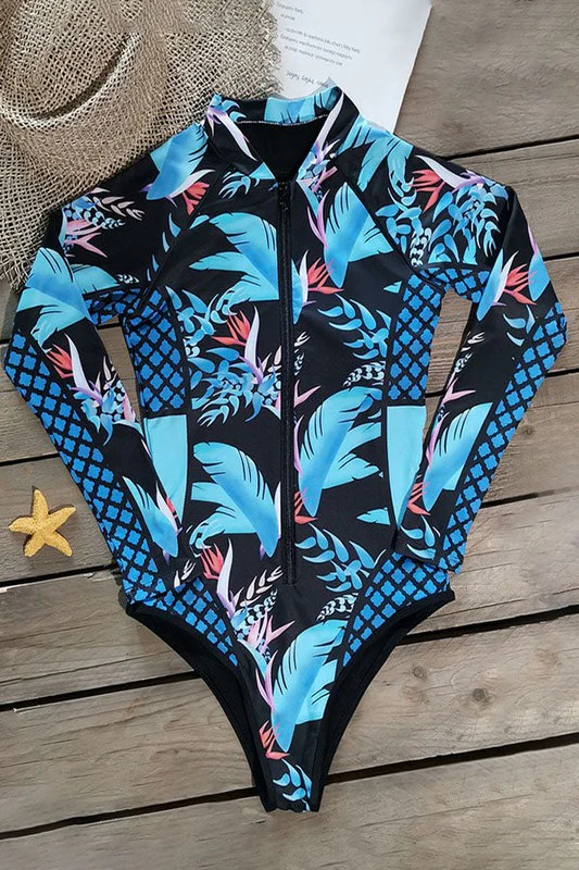 Leaf Printed Long Sleeve Half Zip UPF50 Rash Guard - Image 8