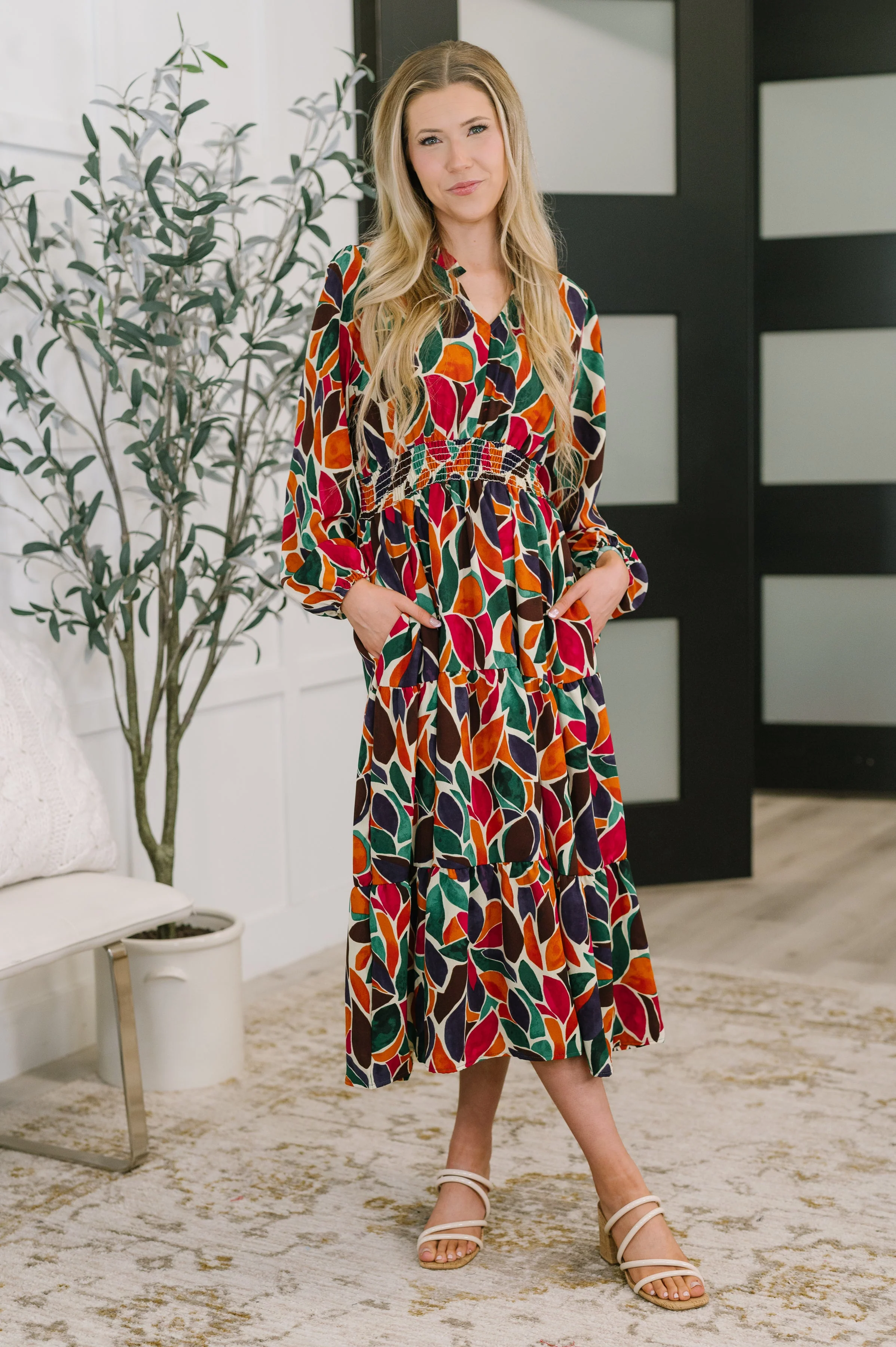 Leafing it All Behind Long Sleeve Tiered Dress - Image 4