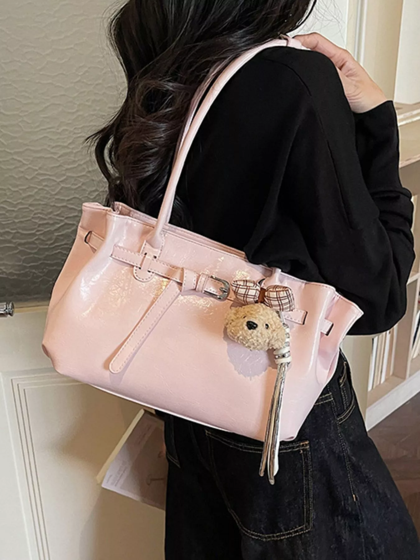 Leather Shoulder Bag with Dog Charm - Image 4