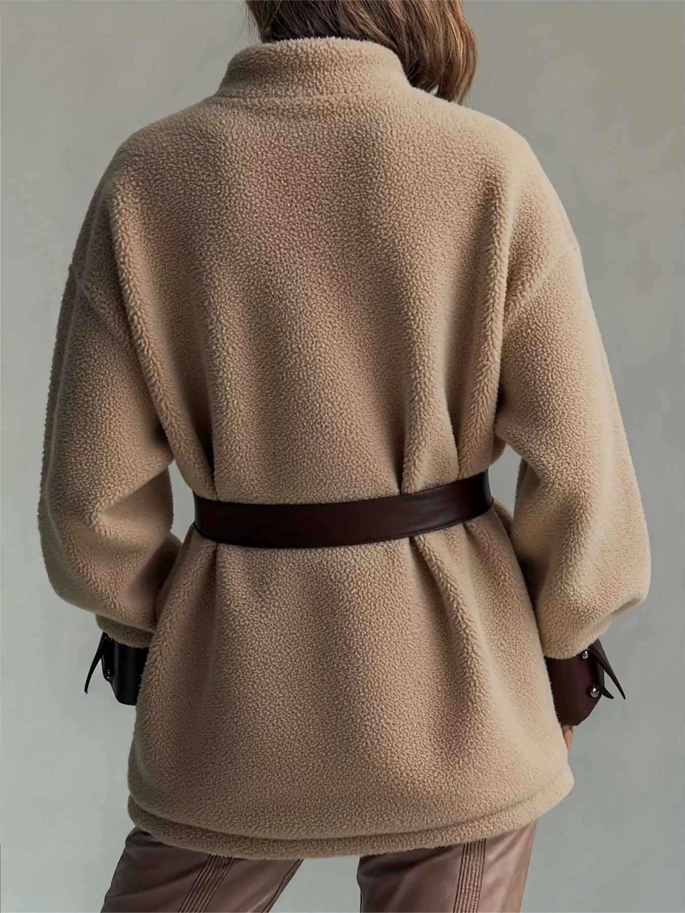 Leather Trim Sherpa Outerwear with Pockets - Image 2