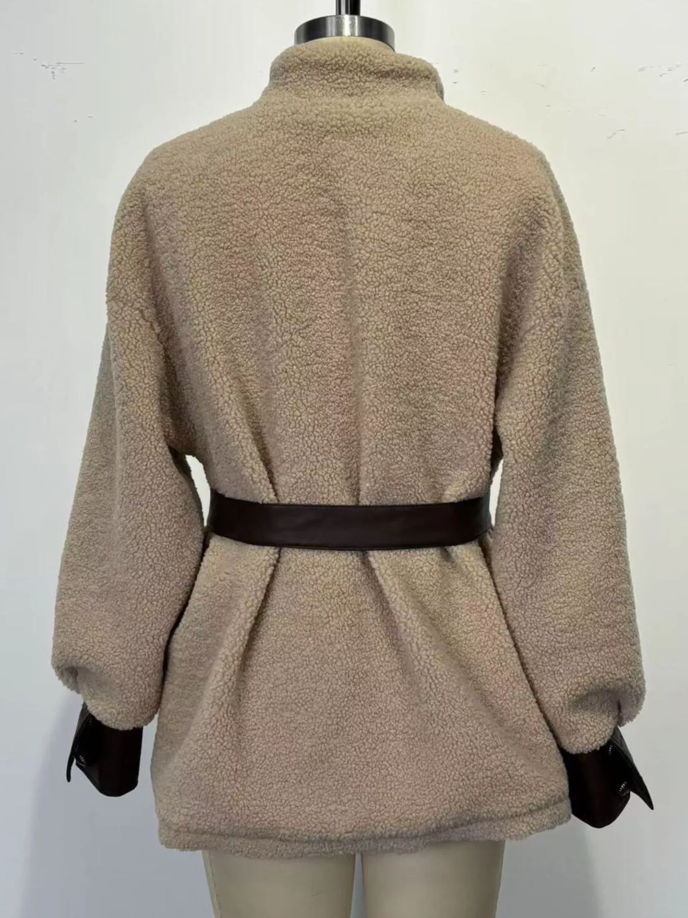 Leather Trim Sherpa Outerwear with Pockets - Image 5