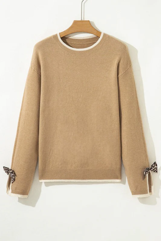 Leopard Bow Split Cuff Contrast Trim Sweater - Image 6