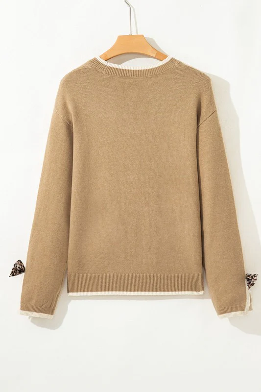 Leopard Bow Split Cuff Contrast Trim Sweater - Image 7