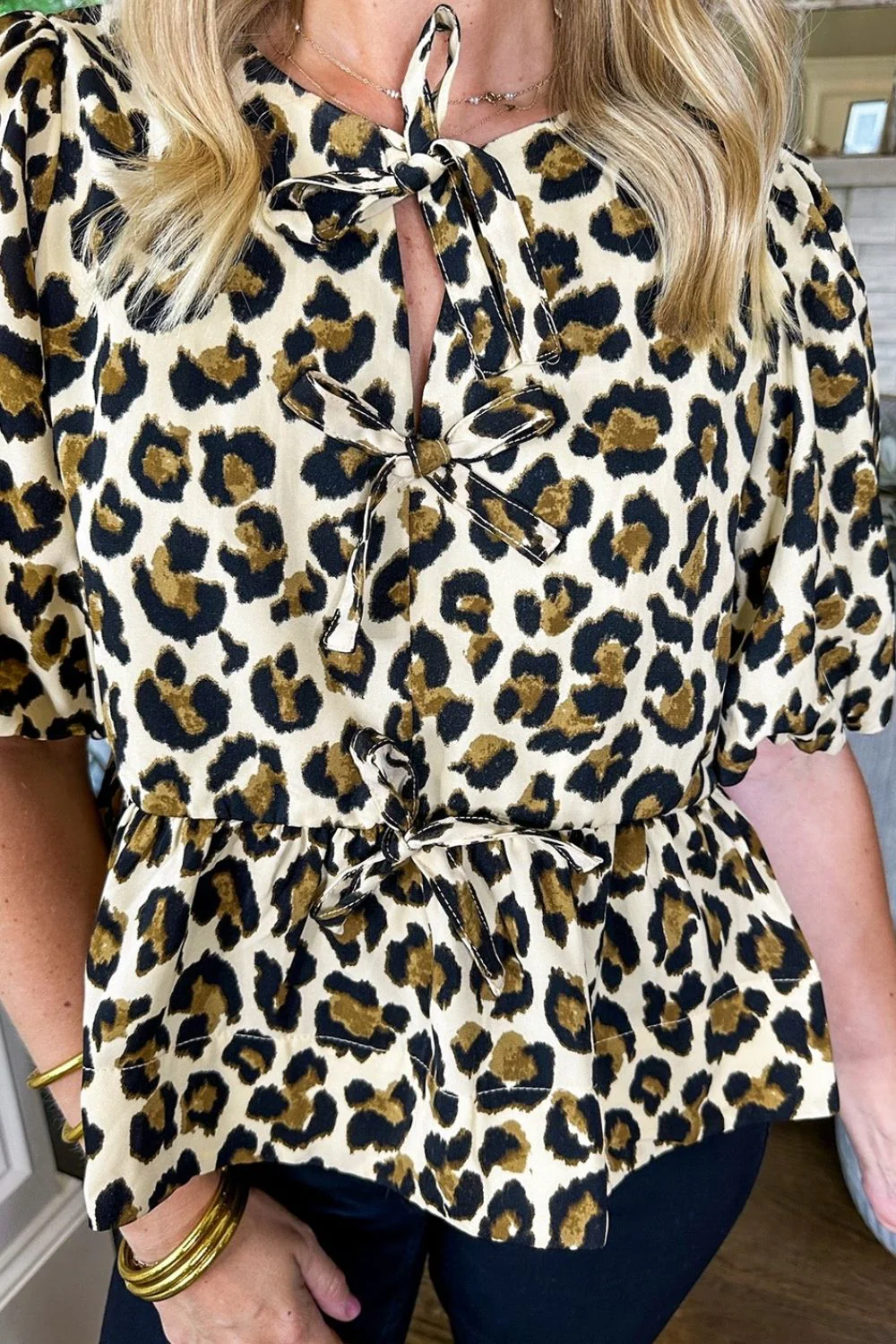 Leopard Bow Tie Front Puff Sleeve Peplum Blouse - Image 5
