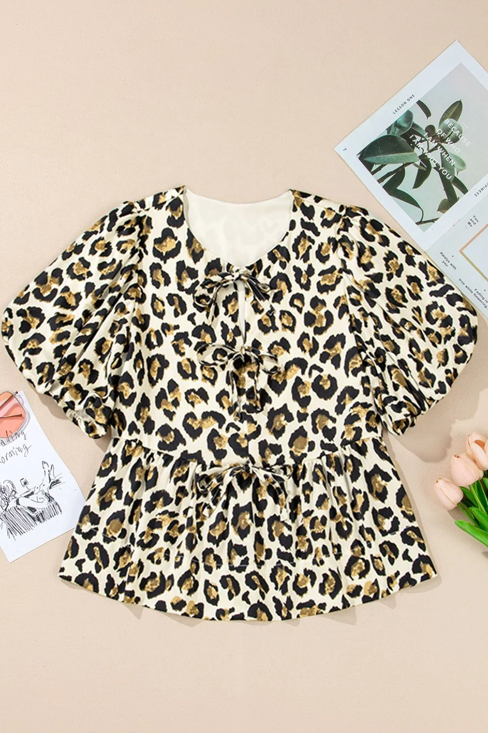 Leopard Bow Tie Front Puff Sleeve Peplum Blouse - Image 6