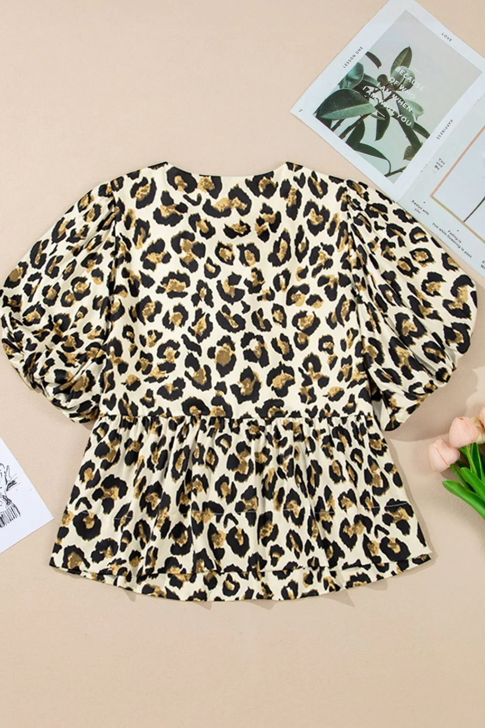 Leopard Bow Tie Front Puff Sleeve Peplum Blouse - Image 7