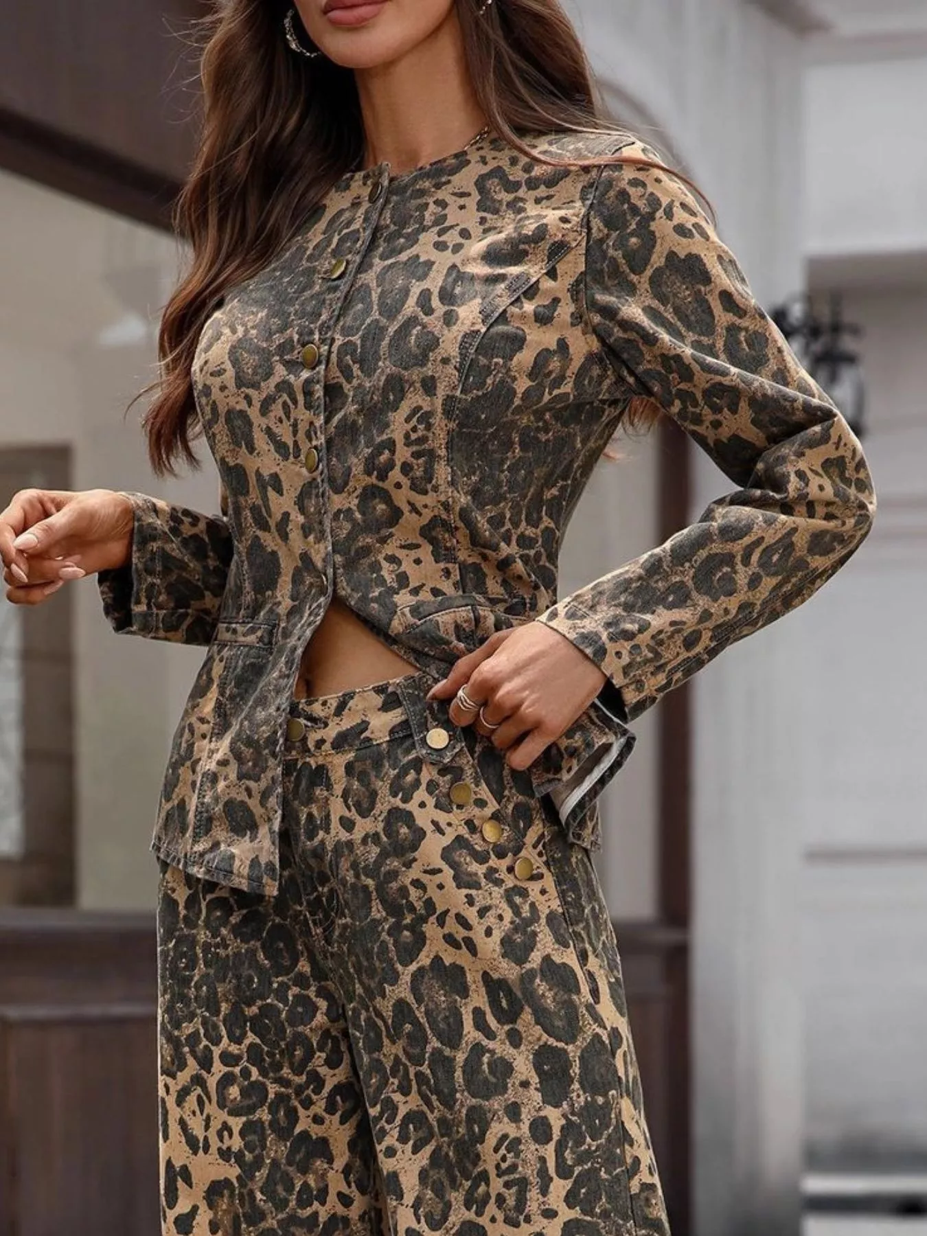 Leopard Button Up Long Sleeve Denim Shirt - Image 2