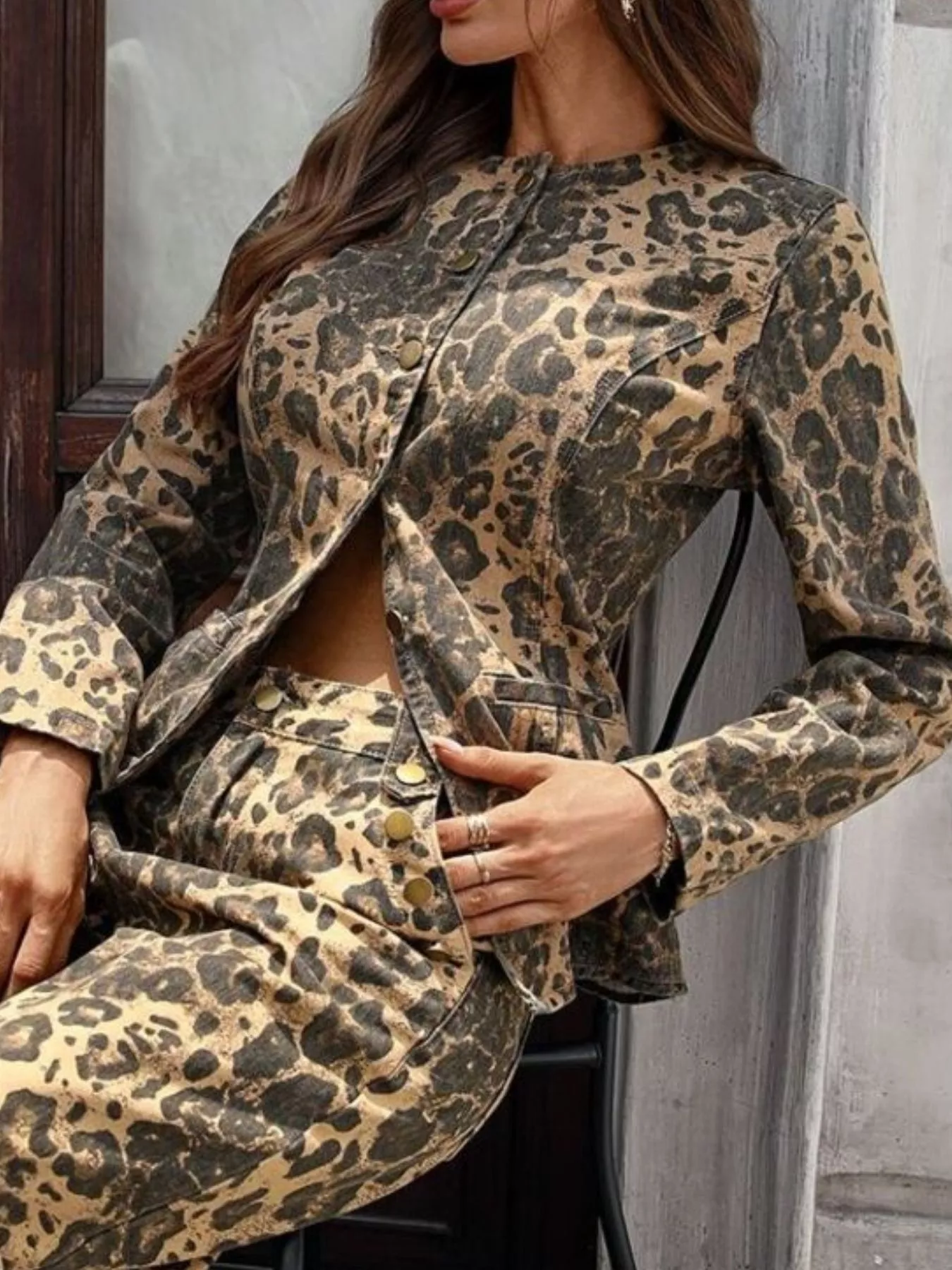 Leopard Button Up Long Sleeve Denim Shirt - Image 4