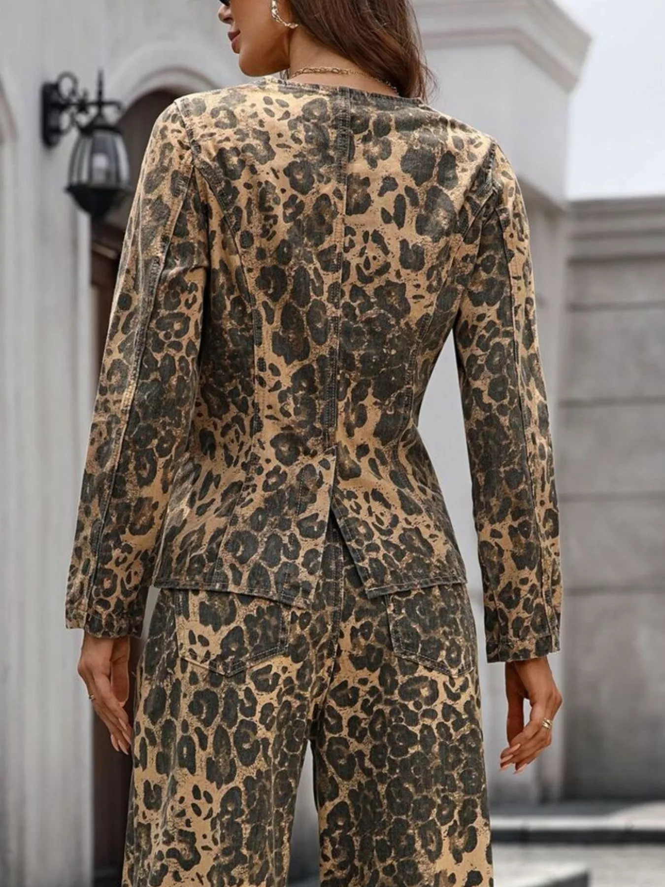 Leopard Button Up Long Sleeve Denim Shirt - Image 5
