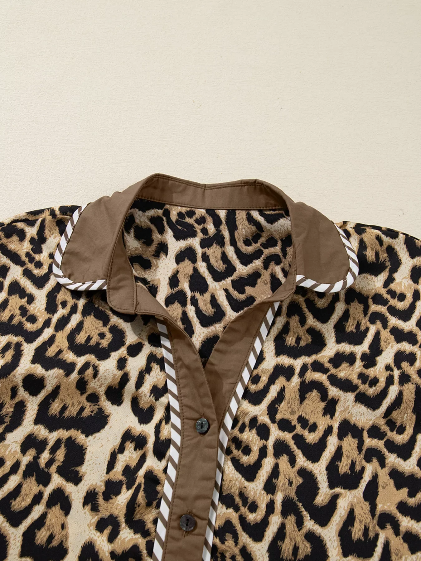 Leopard Collared 3/4 Sleeve Shirt and Loose Pants Two Piece Outfit Set - Image 5