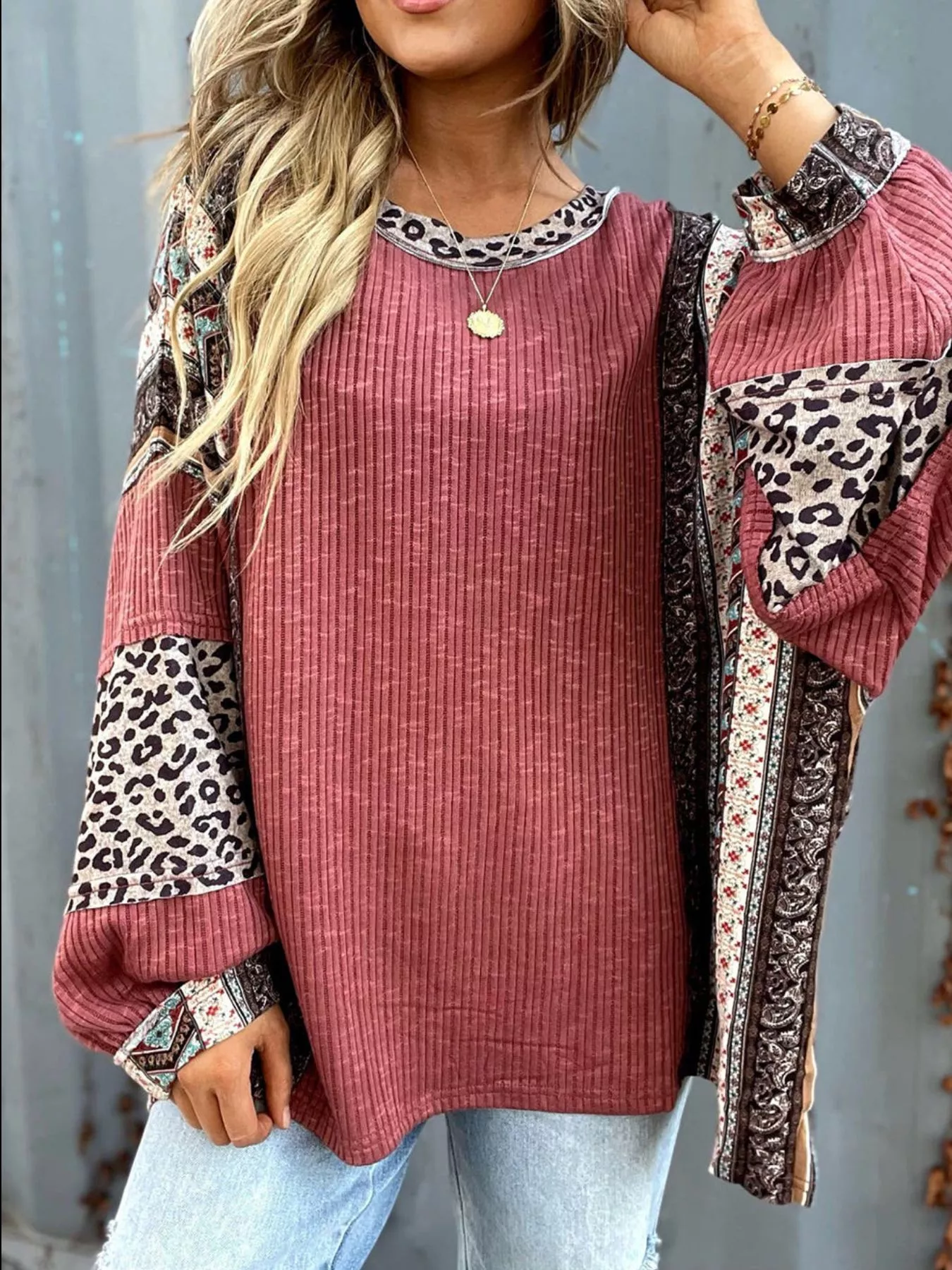 Leopard Color Block Ribbed Top