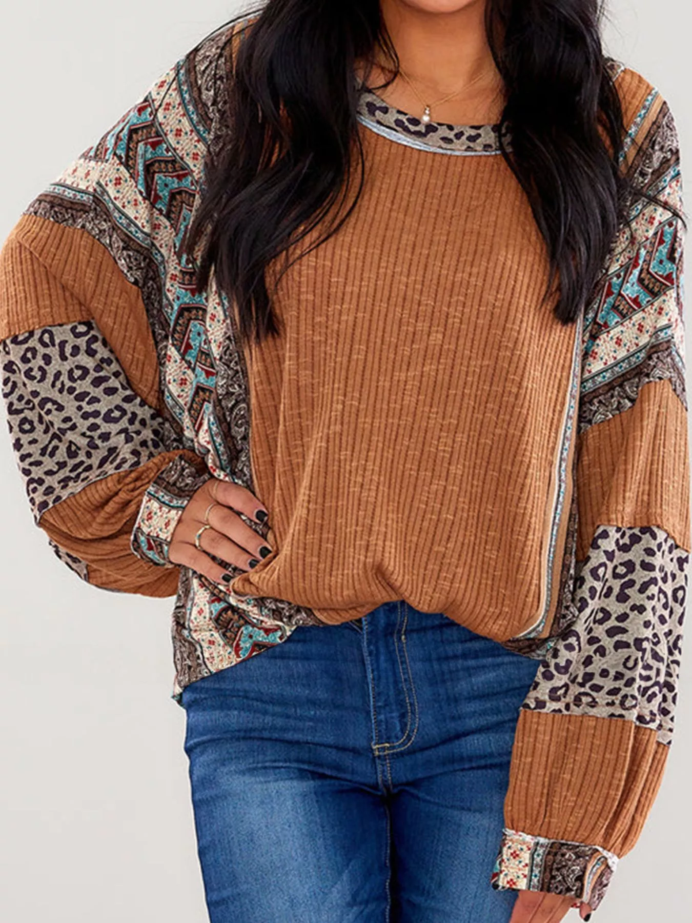 Leopard Color Block Ribbed Top - Image 6