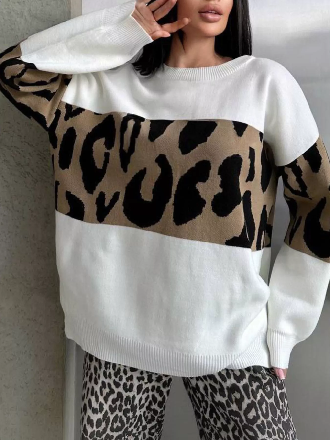 Leopard Color Block Round Neck Sweater - Image 11