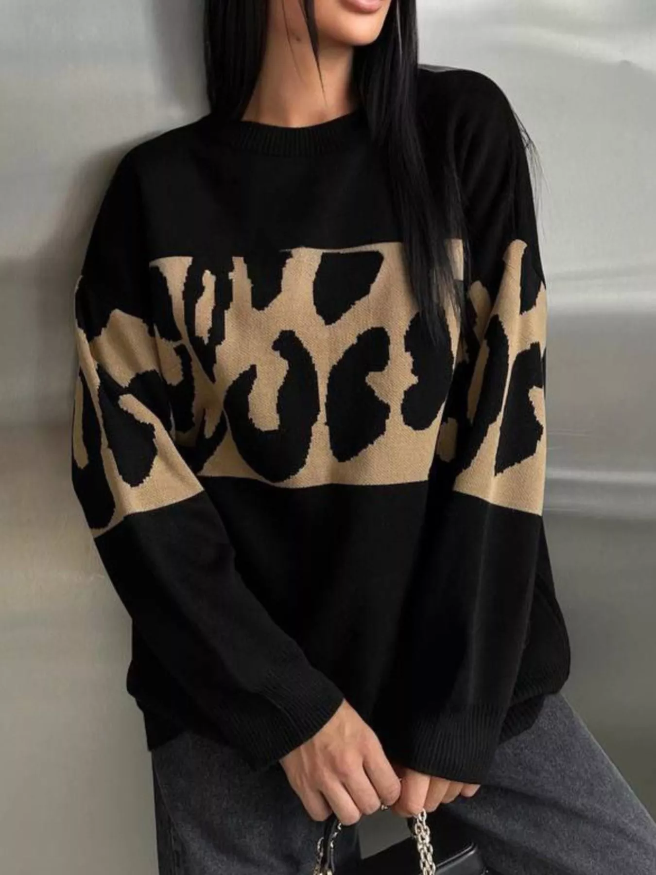 Leopard Color Block Round Neck Sweater - Image 12