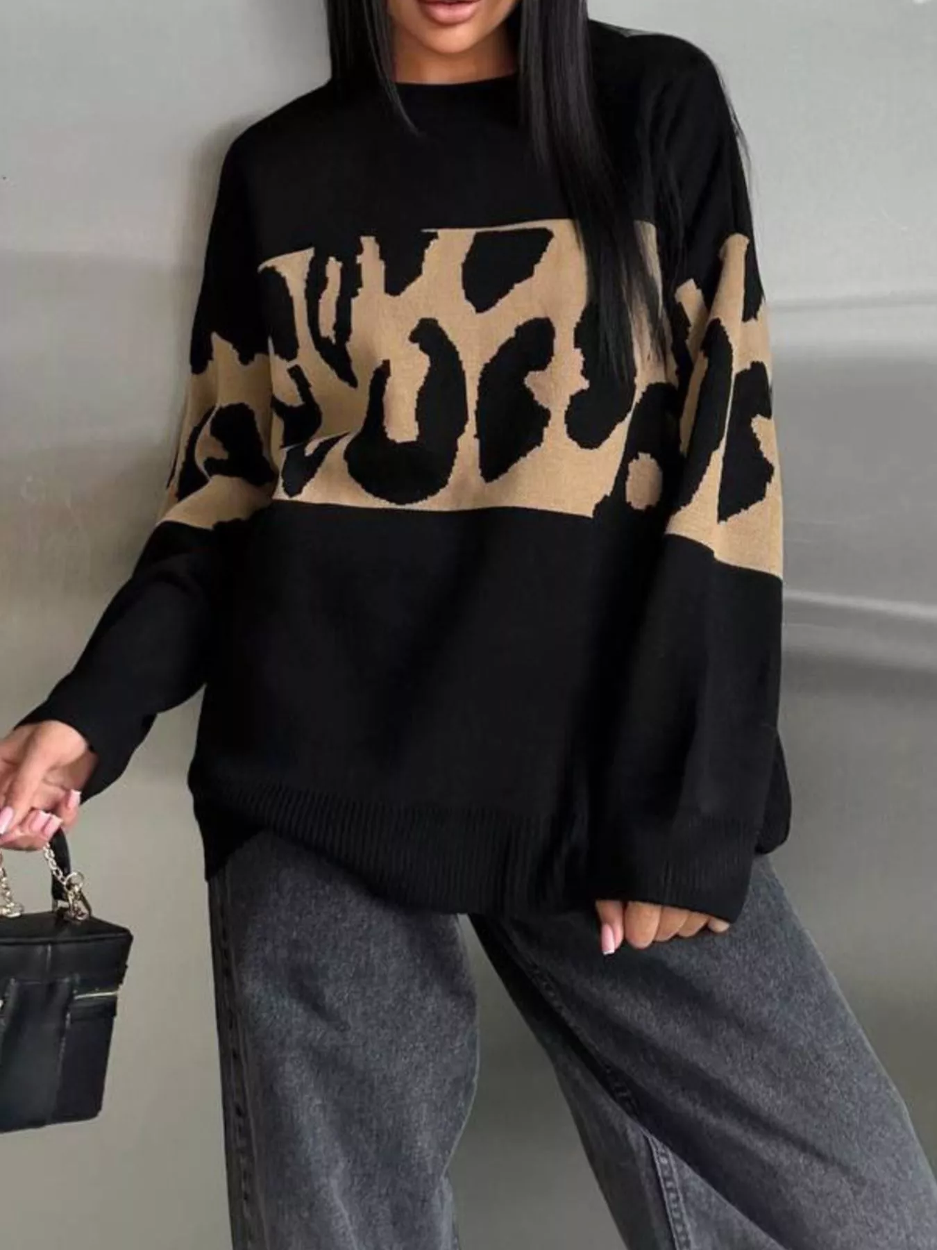 Leopard Color Block Round Neck Sweater - Image 13