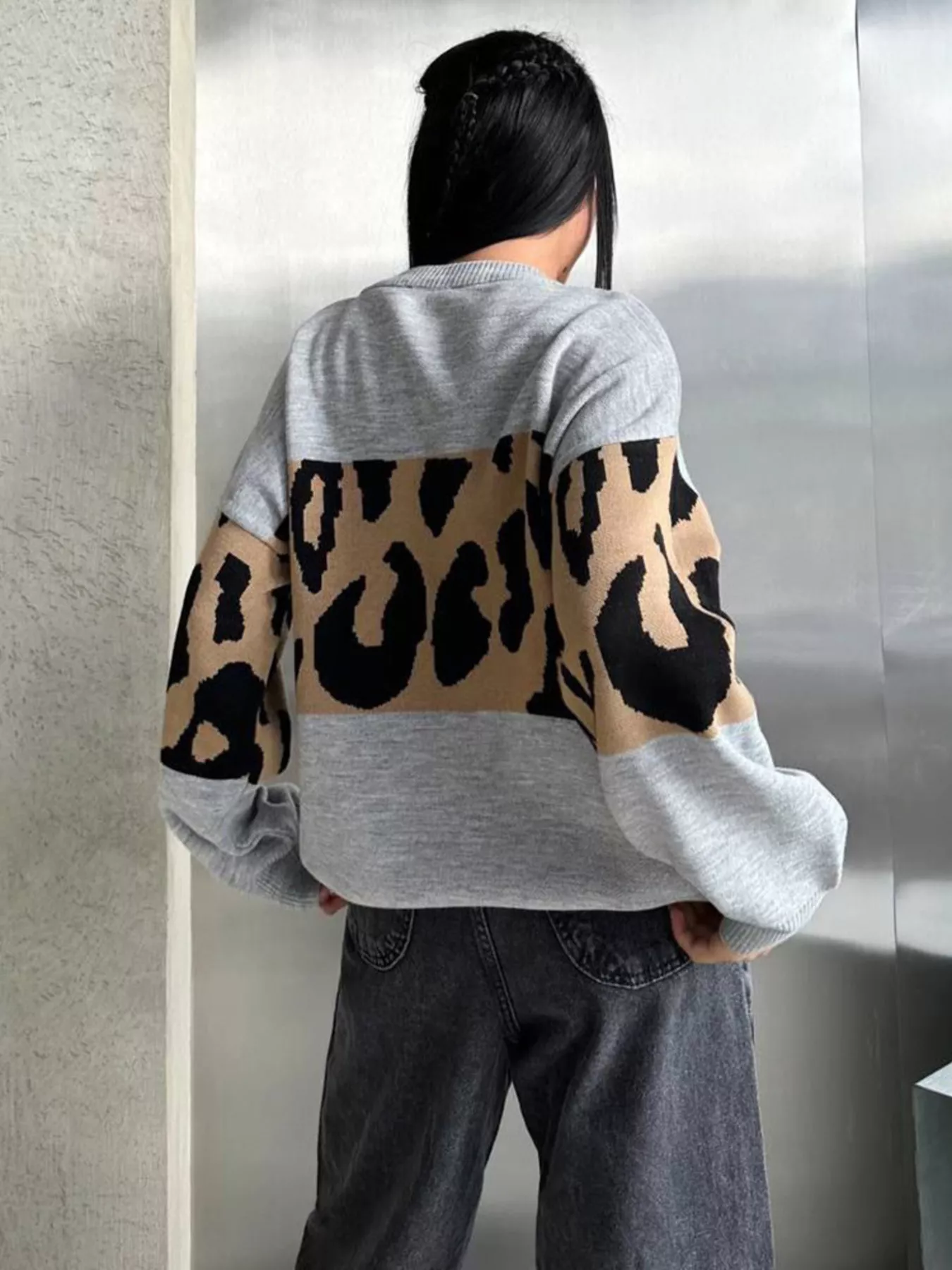 Leopard Color Block Round Neck Sweater - Image 2