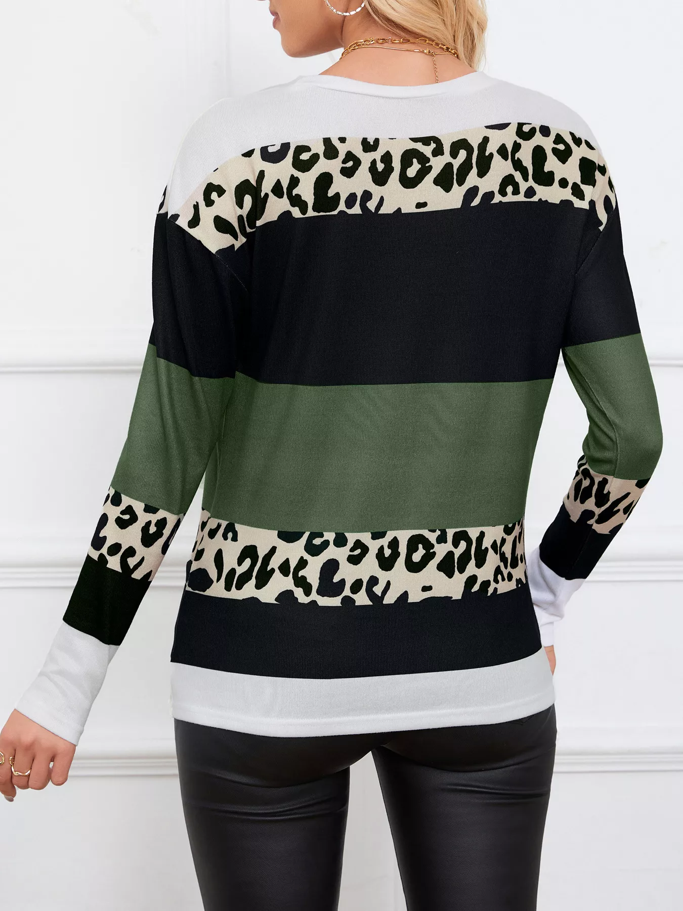 Leopard Color Block Striped Knit Top - Image 12
