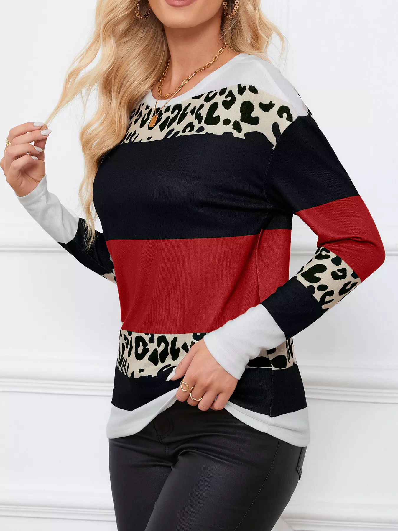Leopard Color Block Striped Knit Top - Image 15