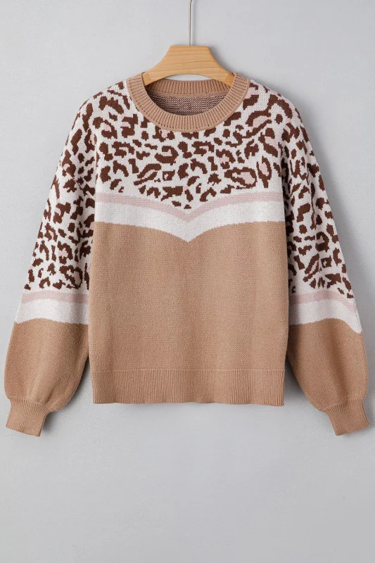 Leopard Colorblock Puff Sleeve Sweater - Image 2