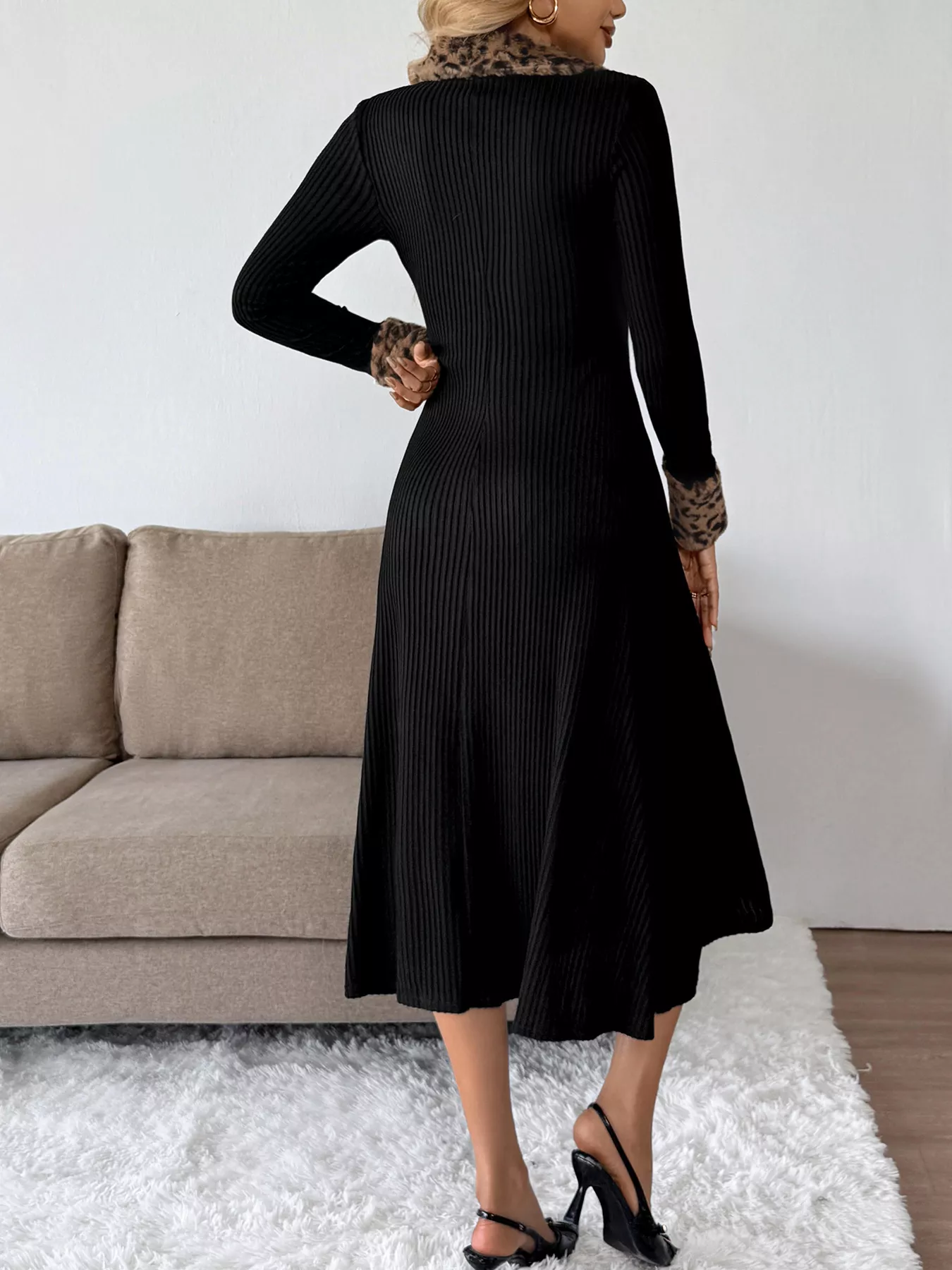 Leopard Cuff Johnny Collar Midi Dress - Image 6
