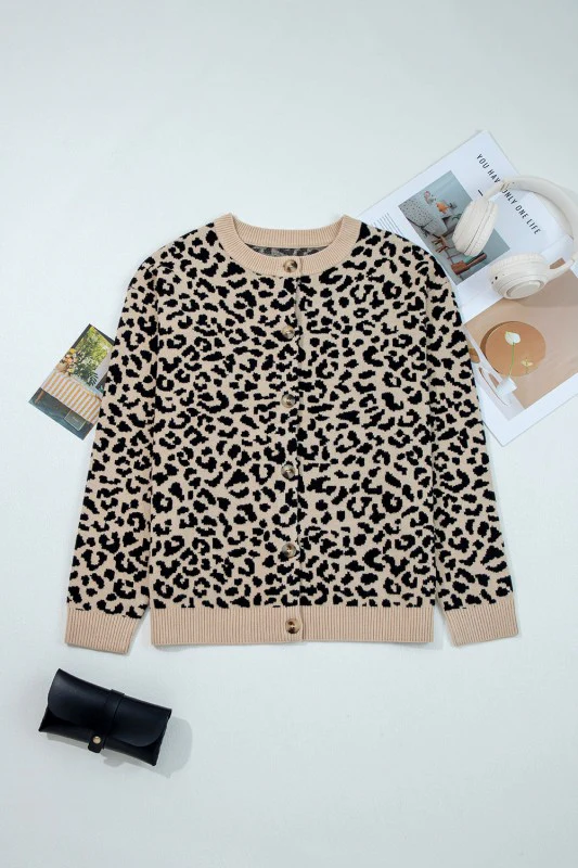 Leopard Drop Shoulder Chunky Cardigan Sweater - Image 9