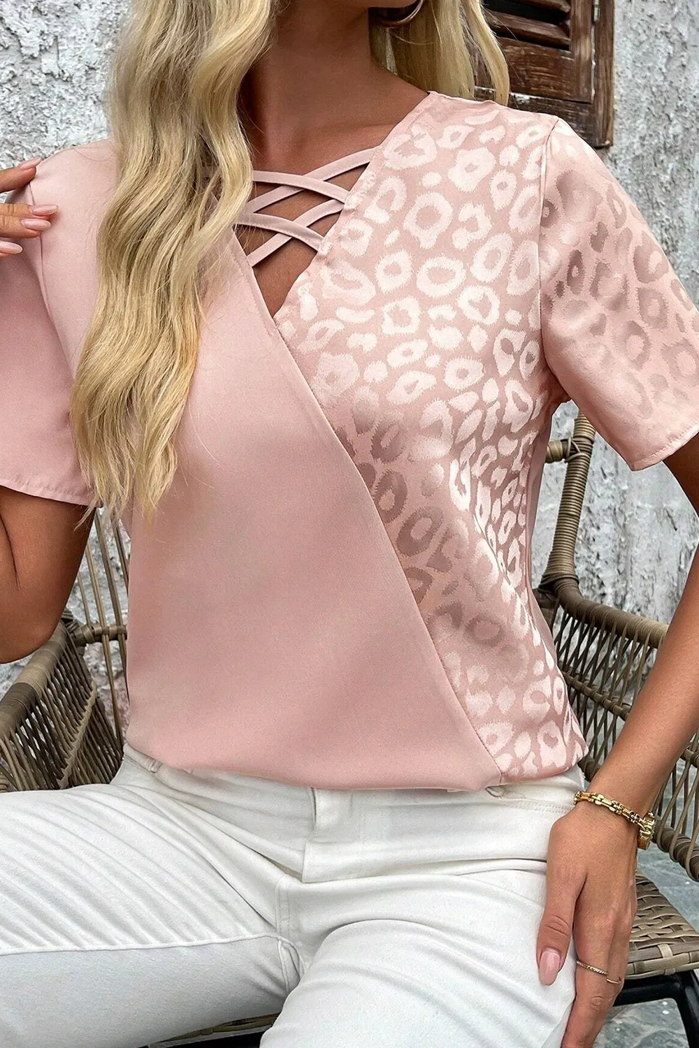 Leopard Jacquard Patchwork Crisscross V Neck Short Sleeve Blouse - Image 3