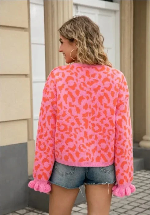 Leopard Knit Cardigan with Front Tie - Image 2