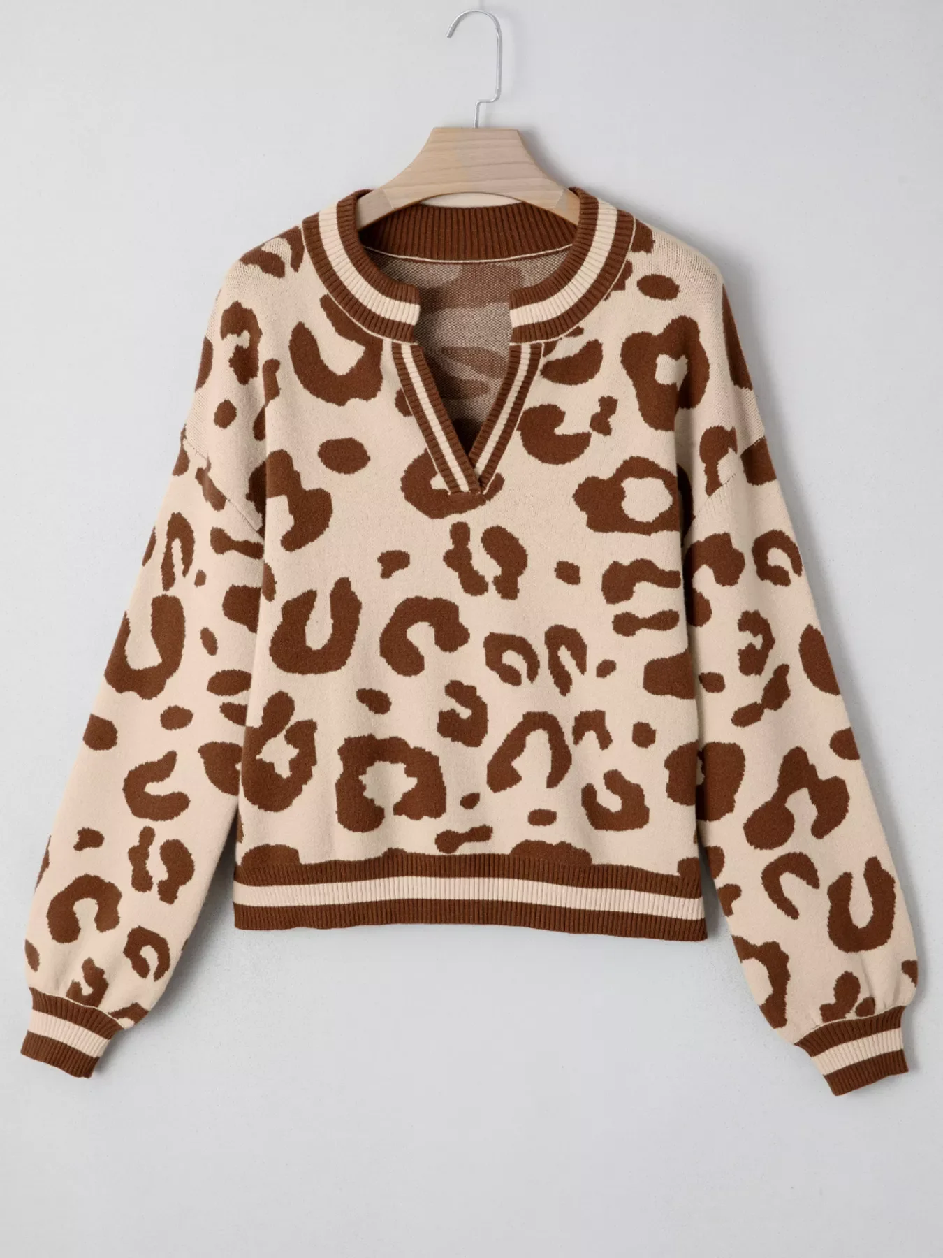 Leopard Knit Notched Casual Sweater - Image 3