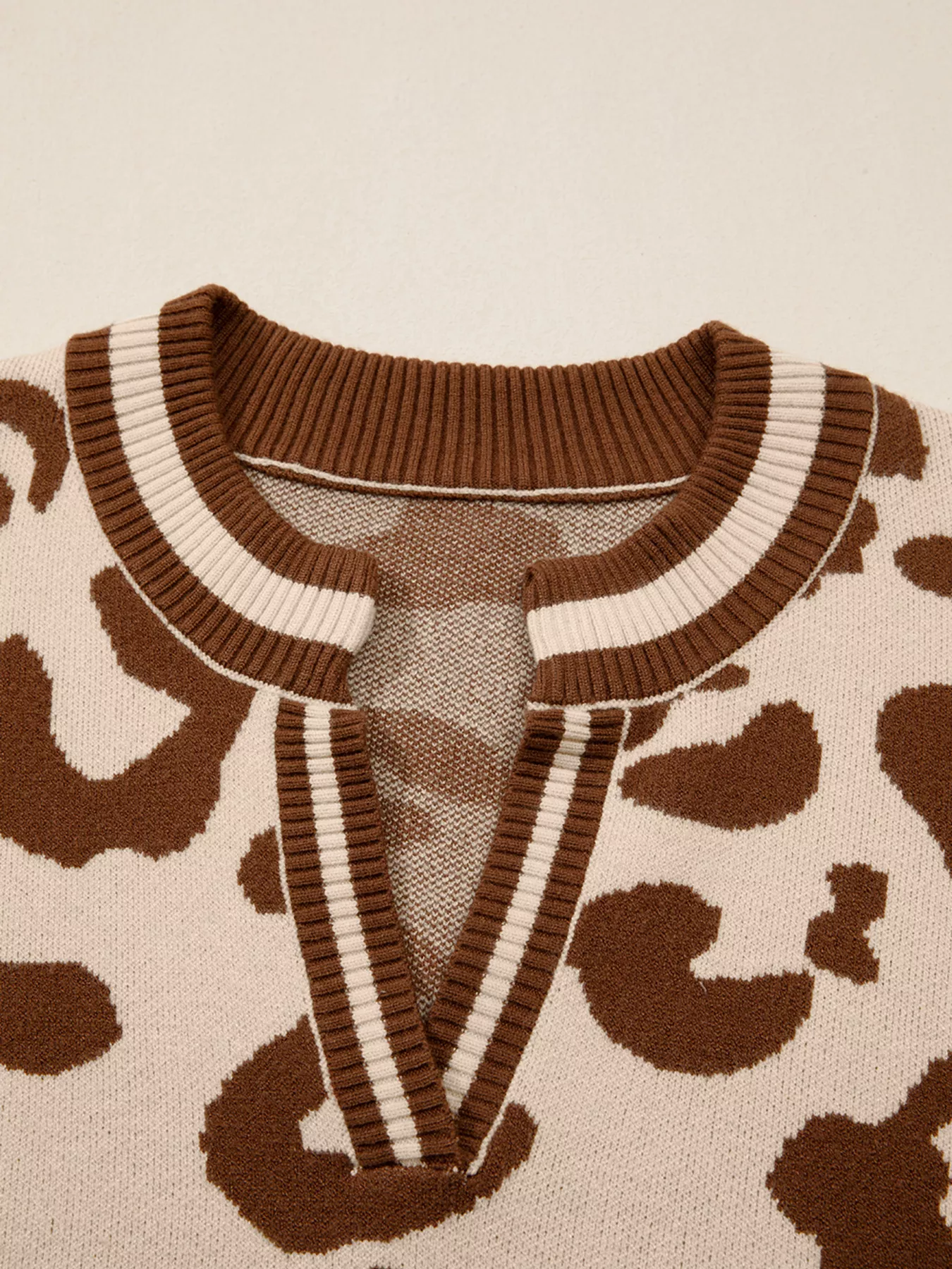 Leopard Knit Notched Casual Sweater - Image 5
