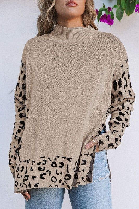 Leopard Mock Neck Side Slit Sweater - Image 4