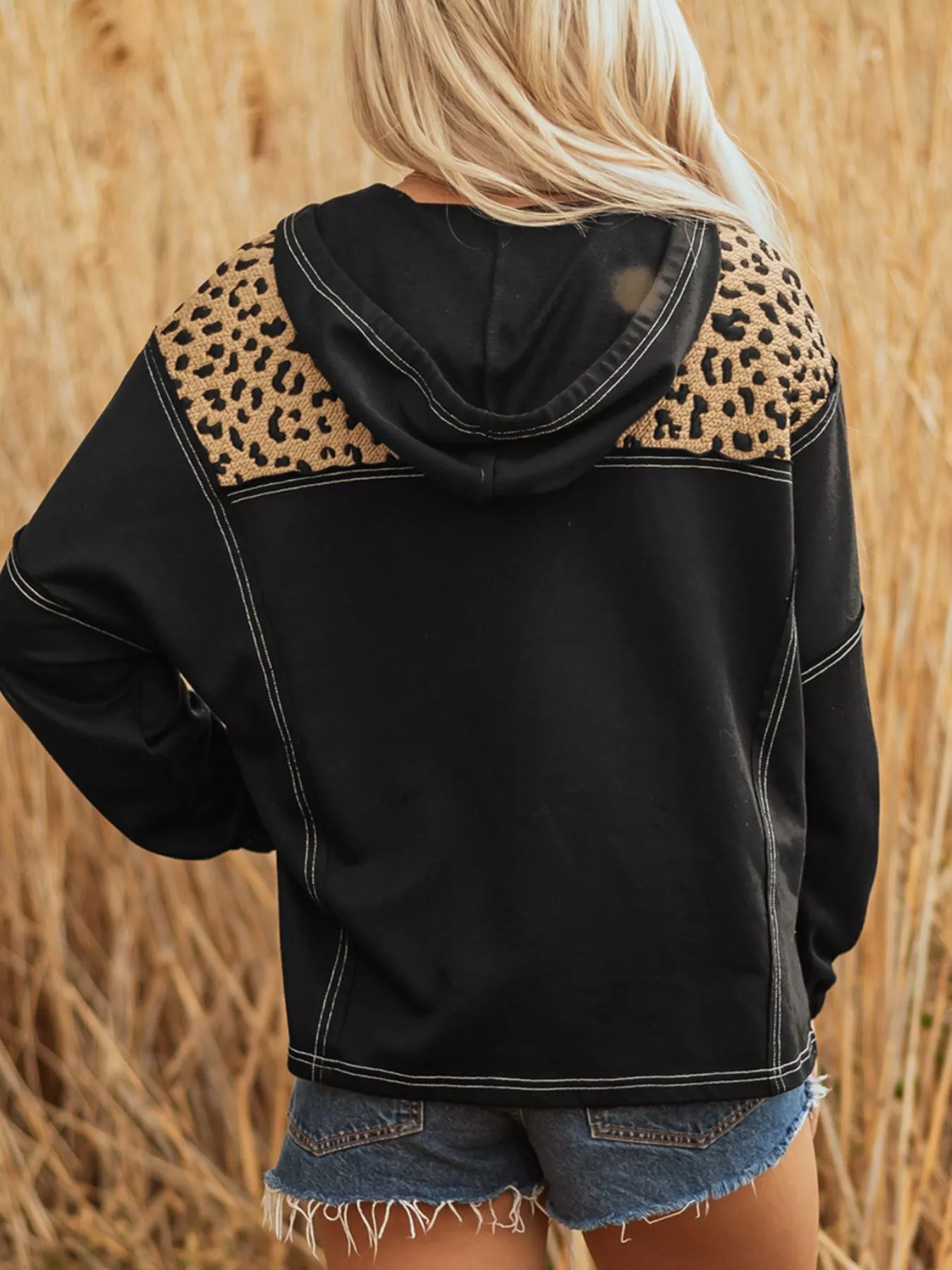 Leopard Patchwork Contrast Stitching Knotted Cuff Quarter Zip Hoodie - Image 2