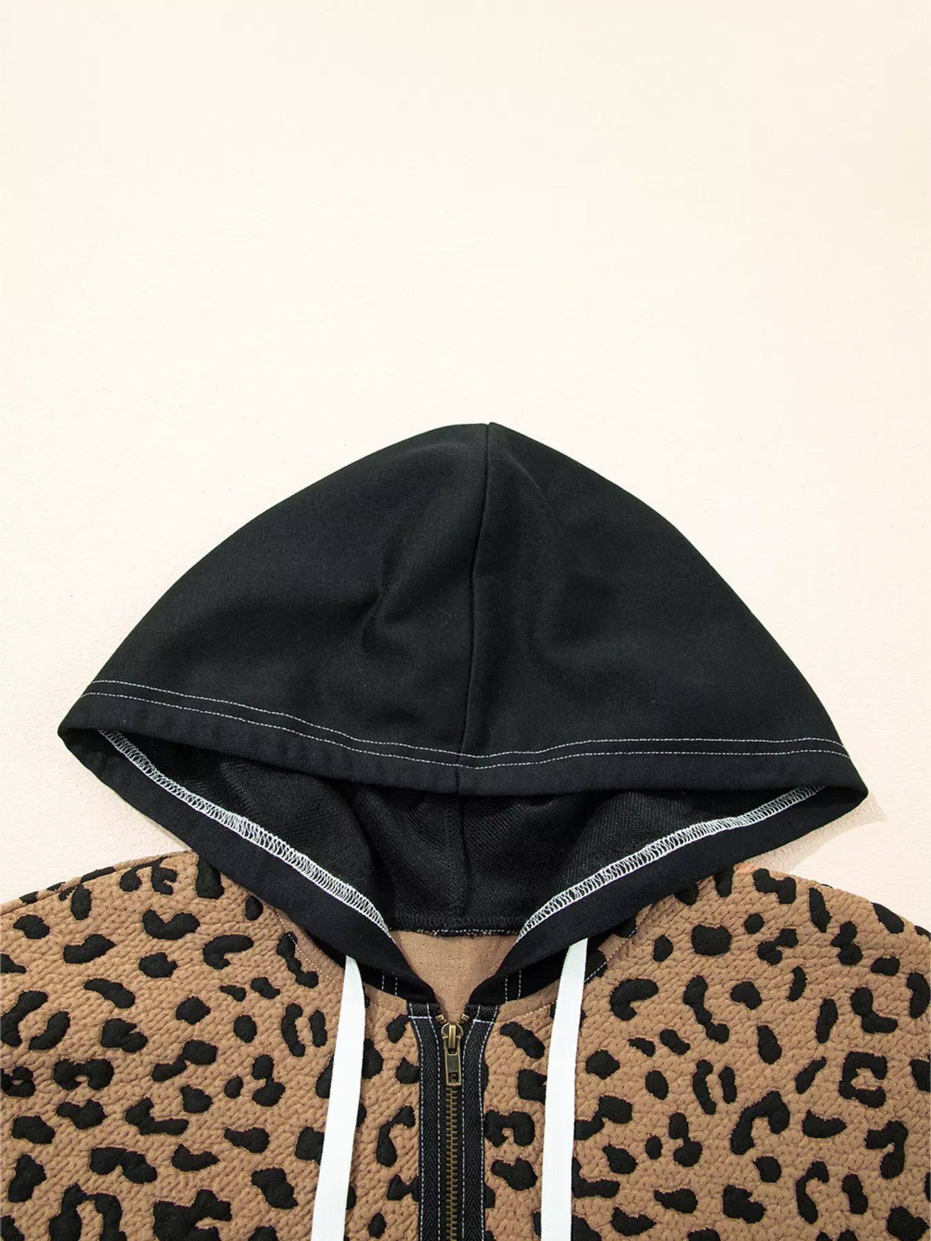 Leopard Patchwork Contrast Stitching Knotted Cuff Quarter Zip Hoodie - Image 9