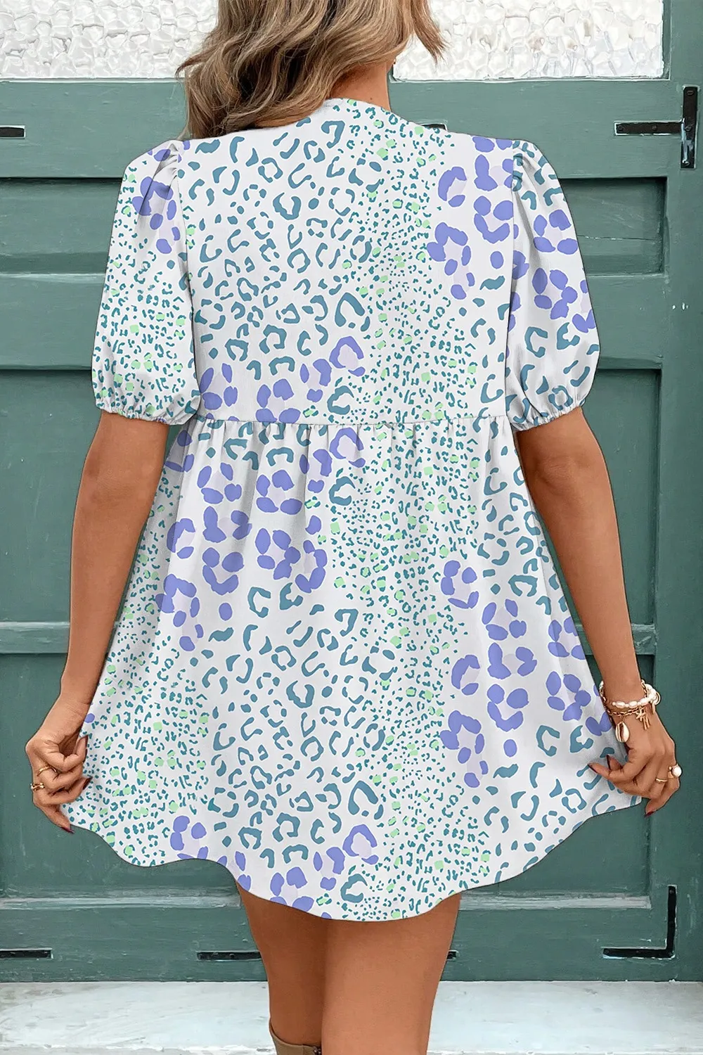 Leopard Print Bow Front Puff Sleeve Mini Dress - Image 2