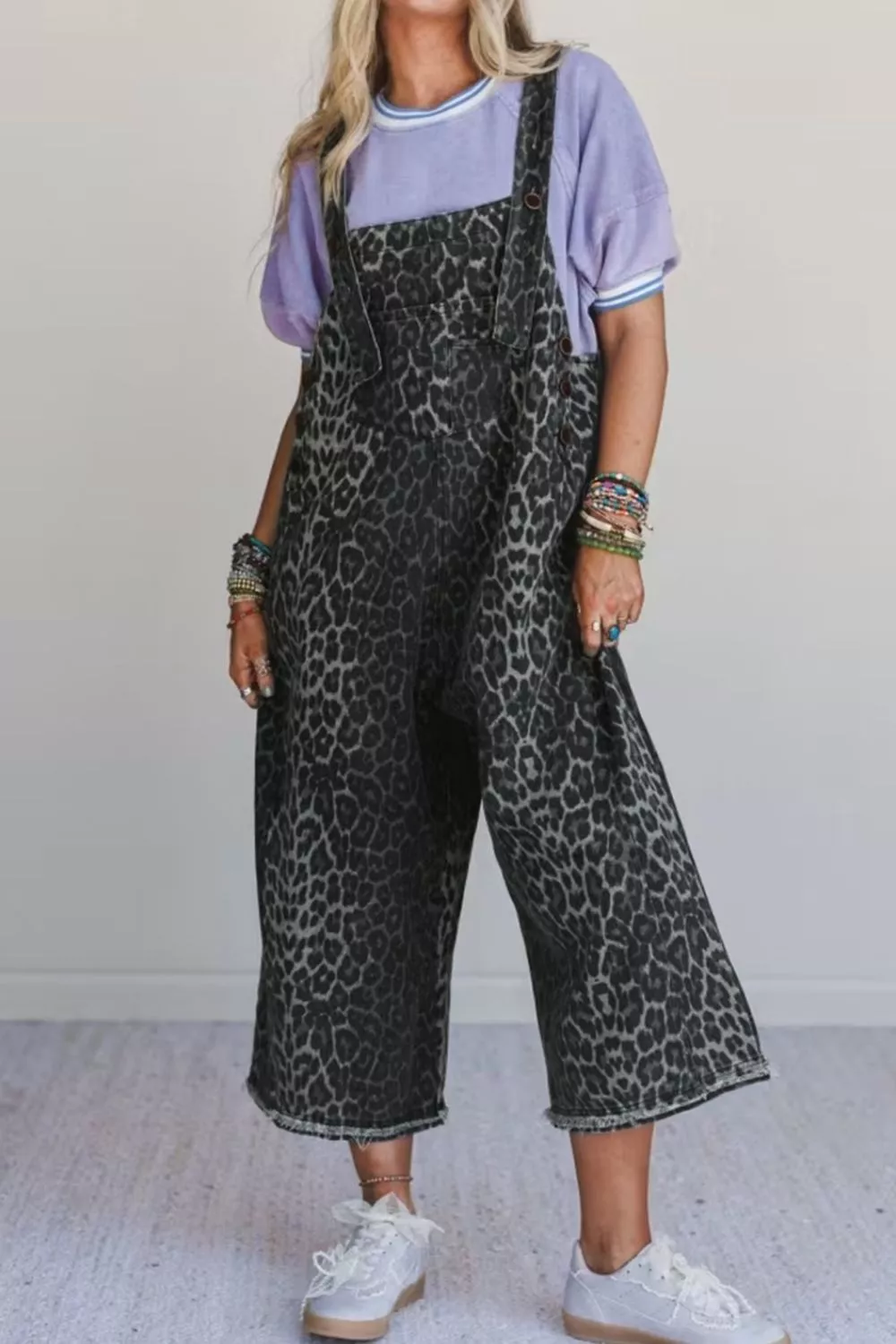 Leopard Print Button Adjustable Straps Cropped Loose Denim Overalls