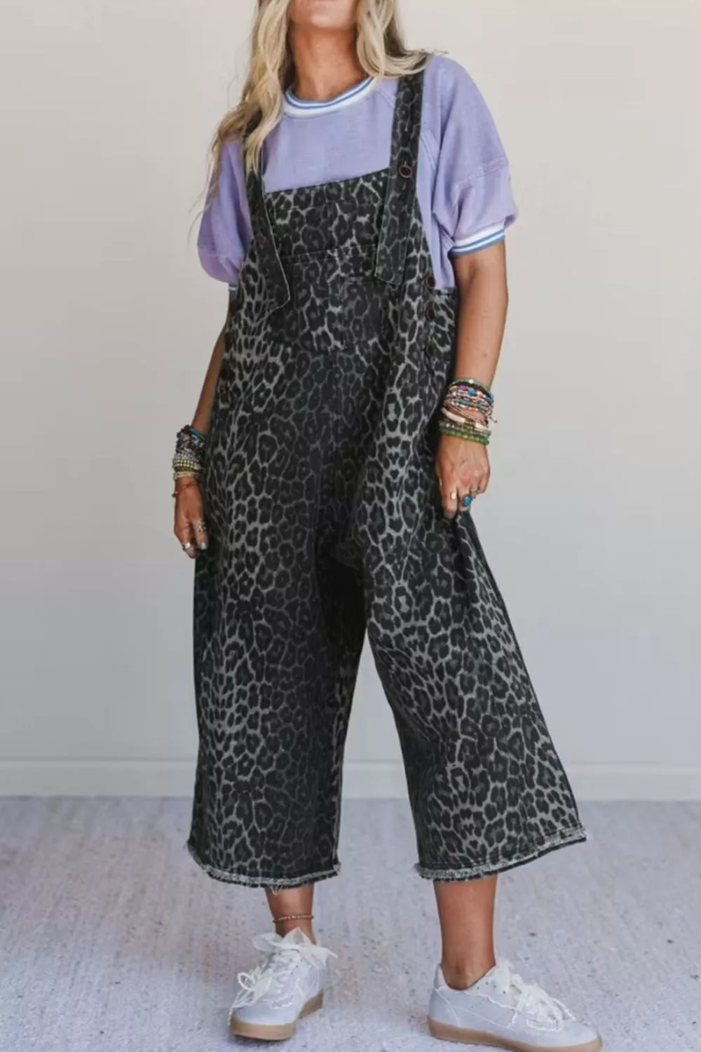 Leopard Print Button Adjustable Straps Cropped Loose Denim Overalls - Image 3