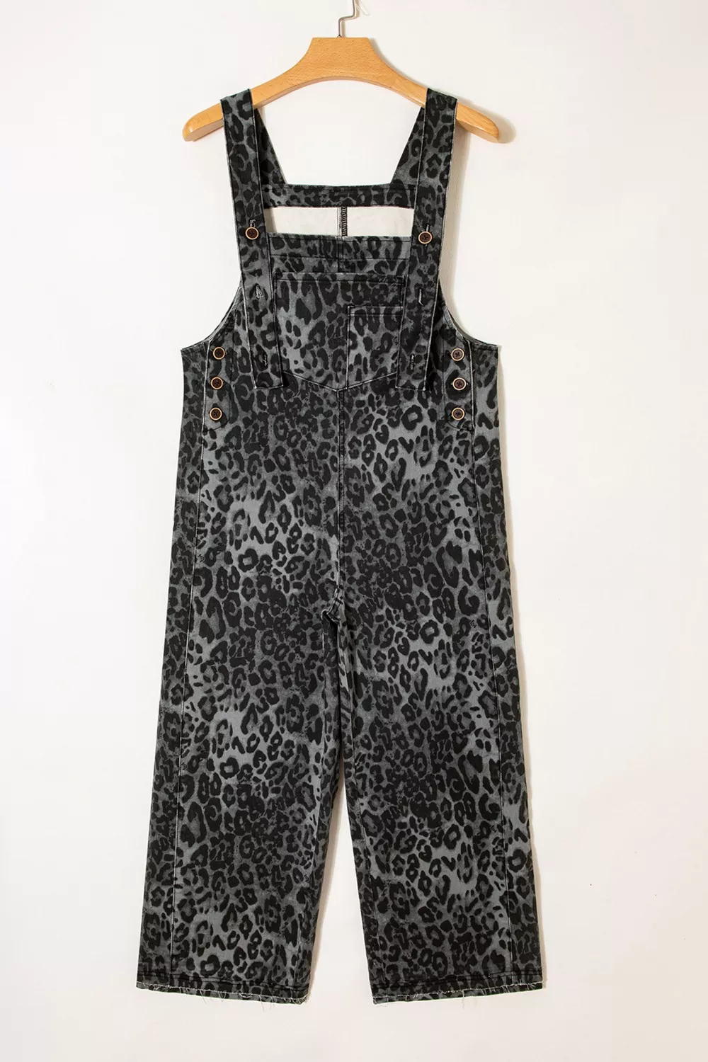 Leopard Print Button Adjustable Straps Cropped Loose Denim Overalls - Image 5