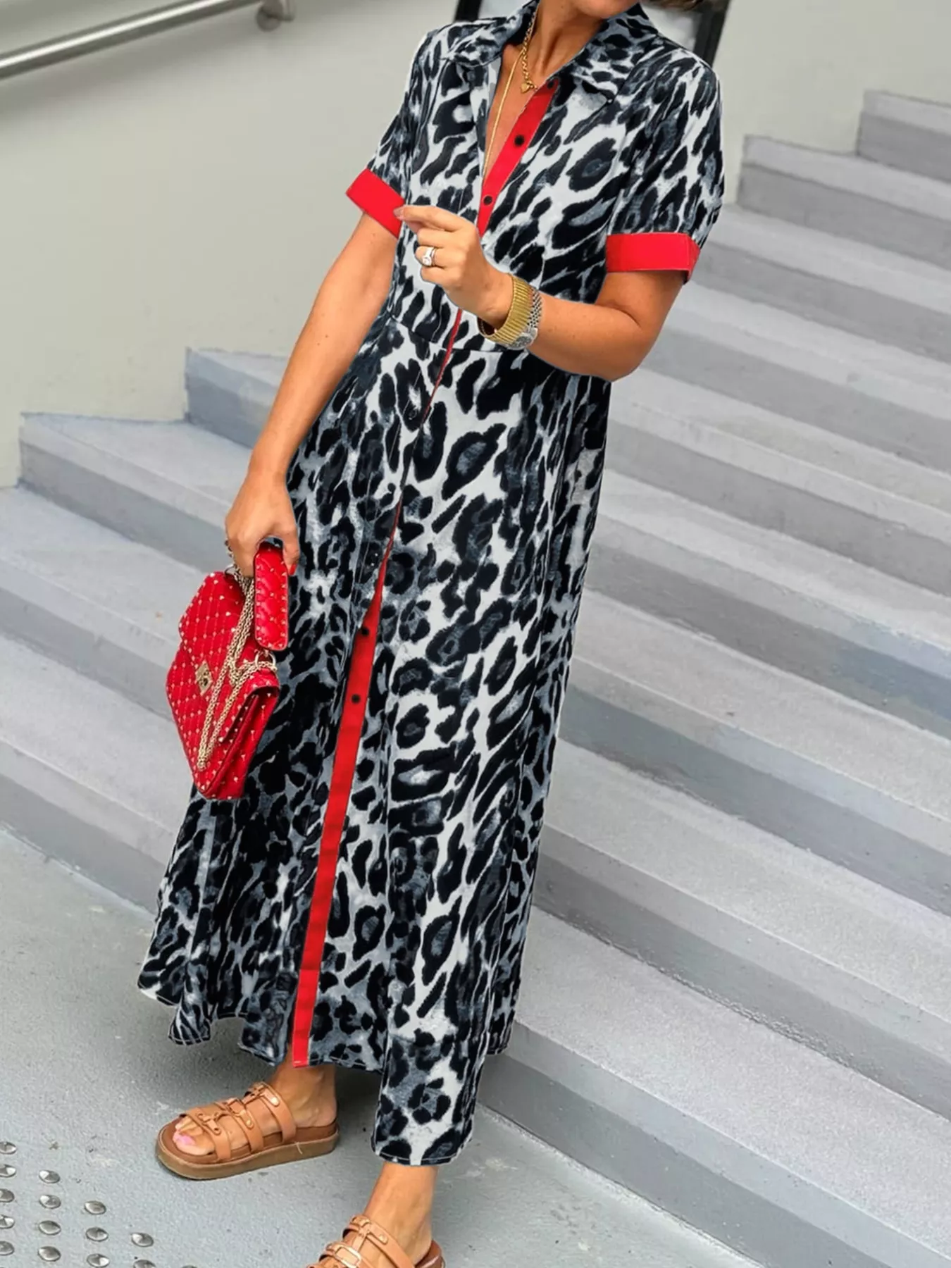 Leopard Print Button-Down Dress with Contrast Trim - Image 3