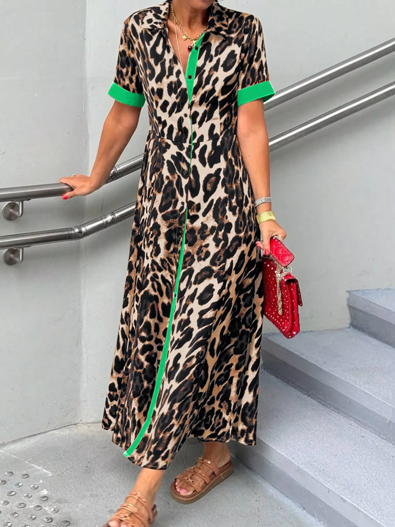 Leopard Print Button-Down Dress with Contrast Trim - Image 7