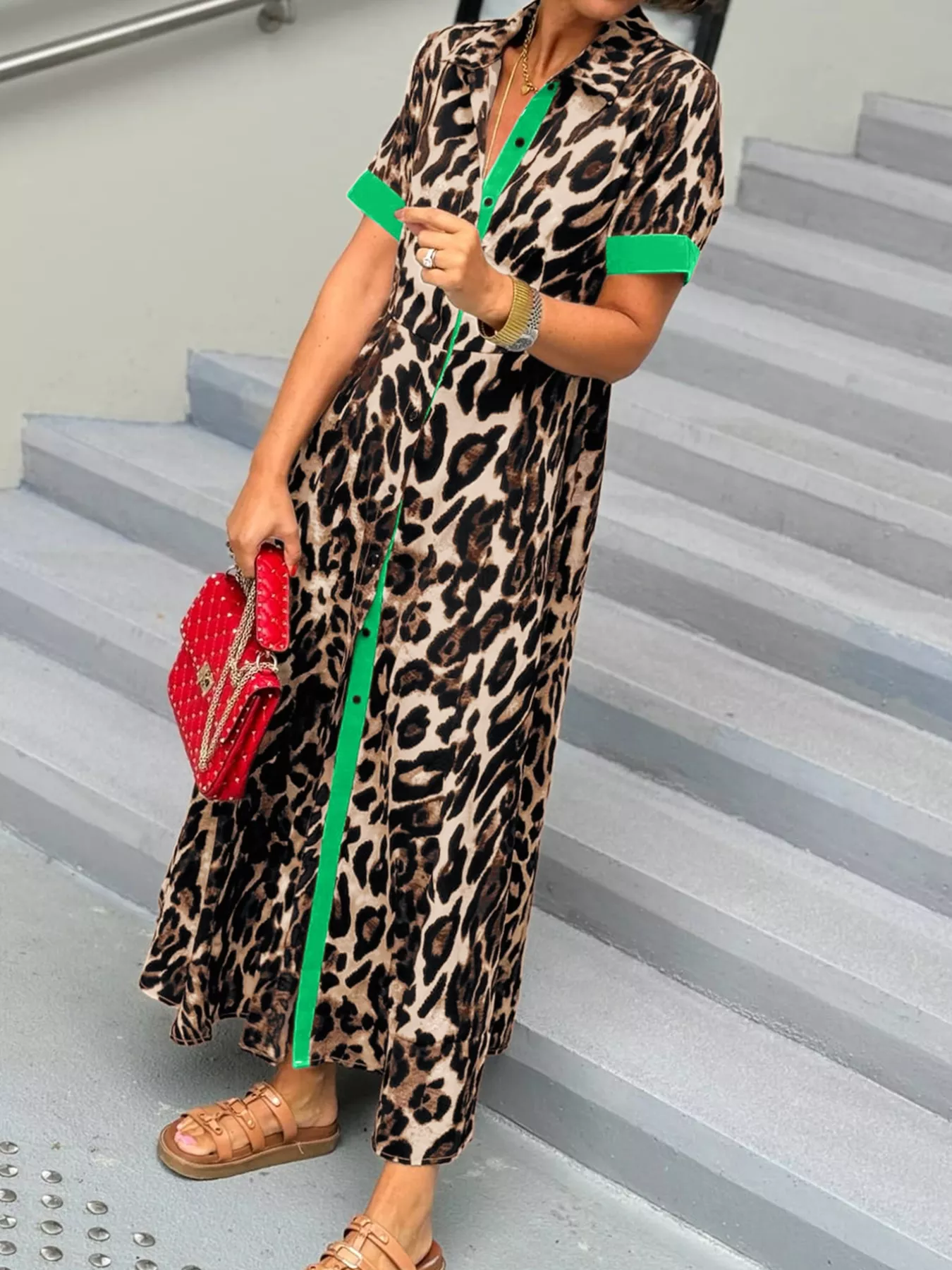 Leopard Print Button-Down Dress with Contrast Trim - Image 9