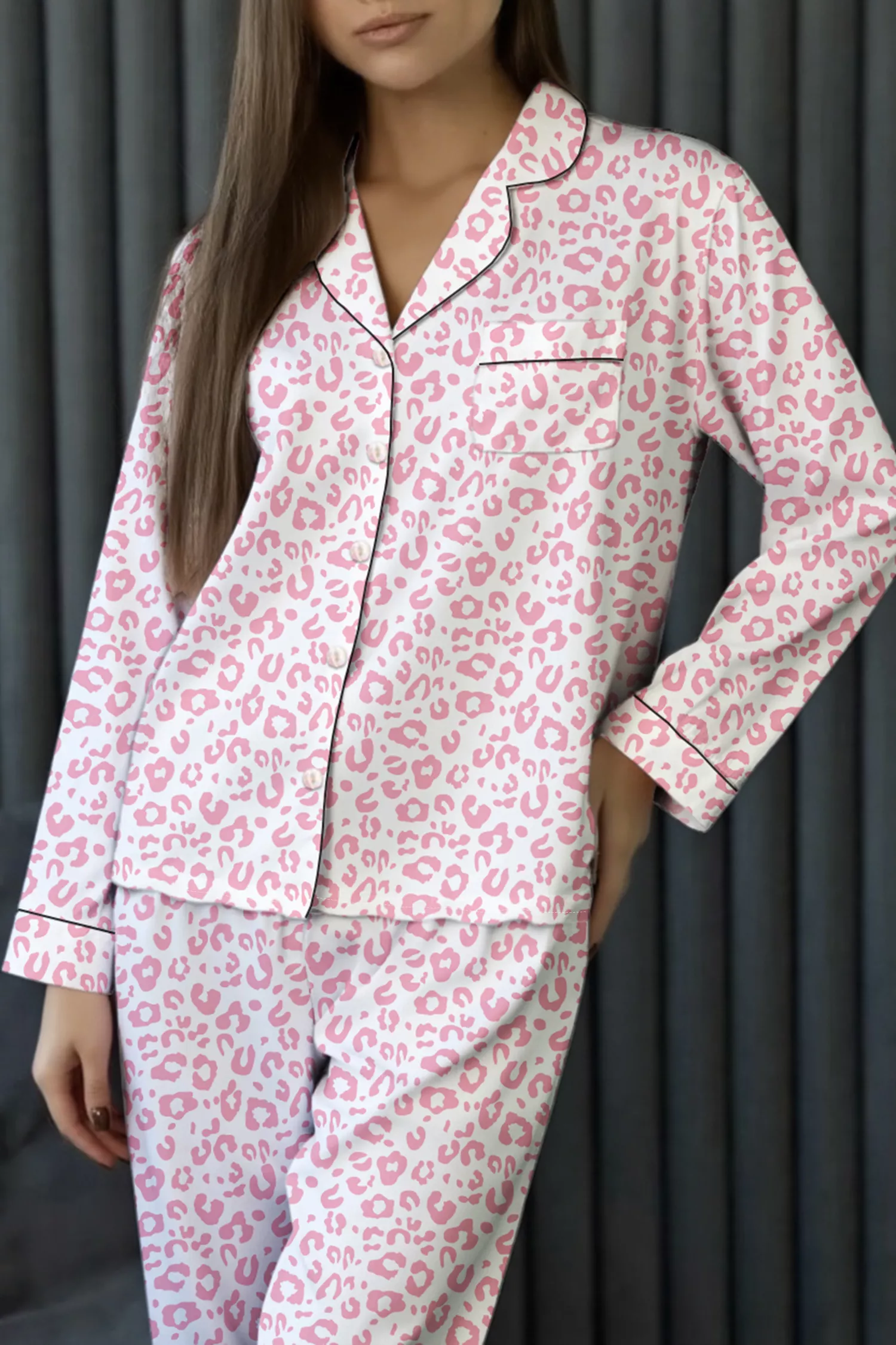 Leopard Print Button Up Top and Pants 2cps Pajama Set - Image 11