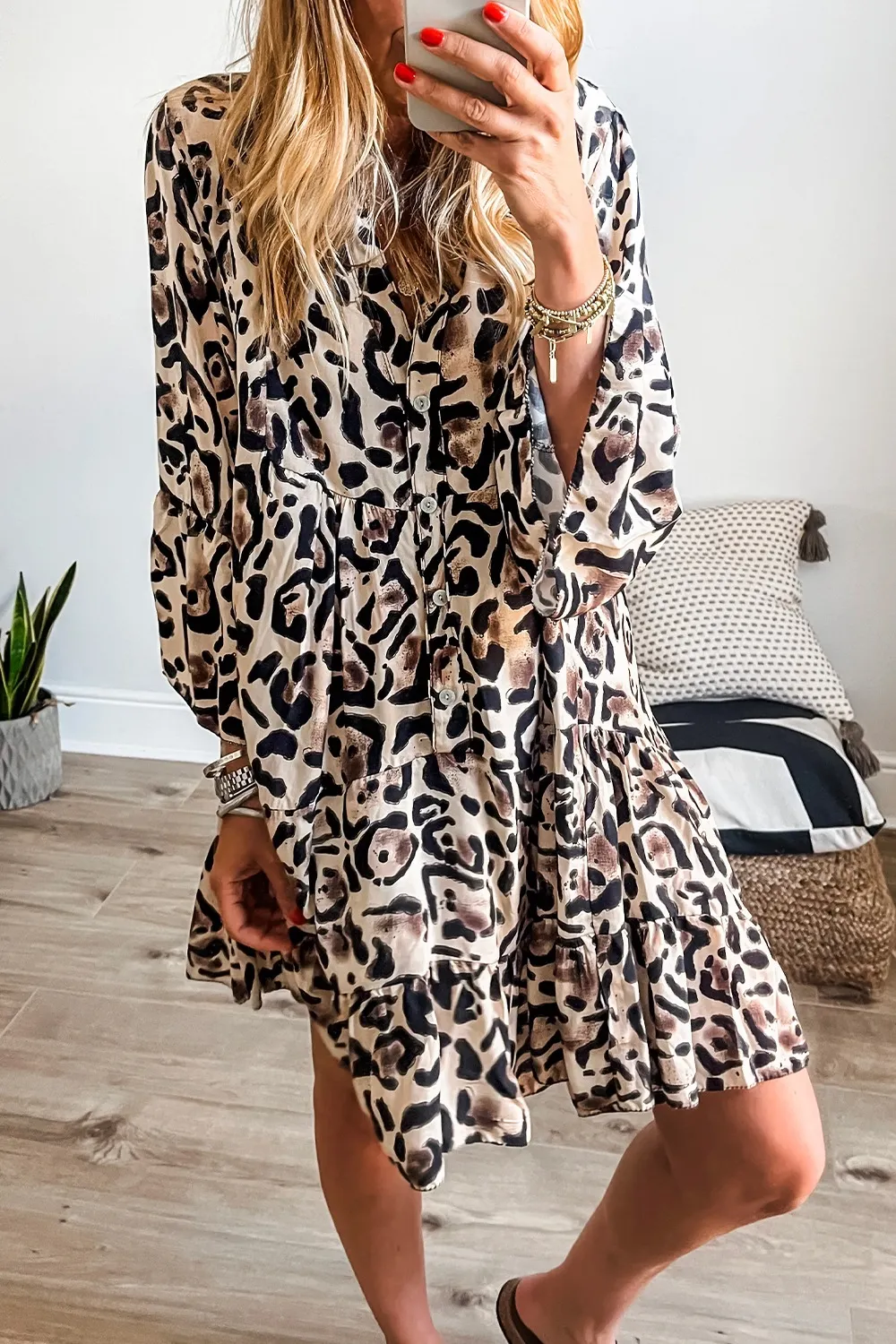 Leopard Print Buttoned Front 3/4 Sleeve Tiered Ruffled Hem Dress - Image 15