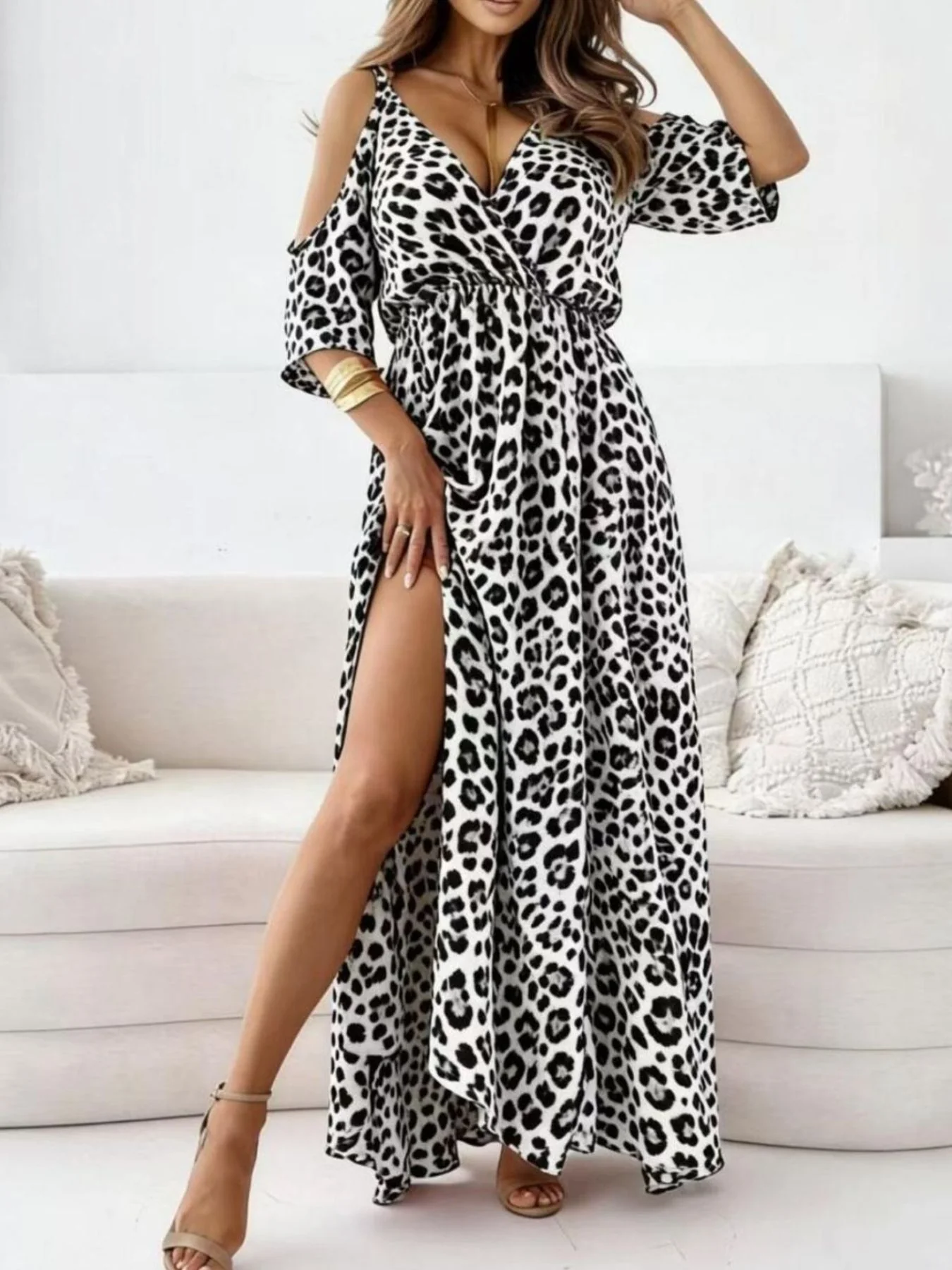 Leopard Print Cold Shoulder Slit Maxi Dress - Image 5
