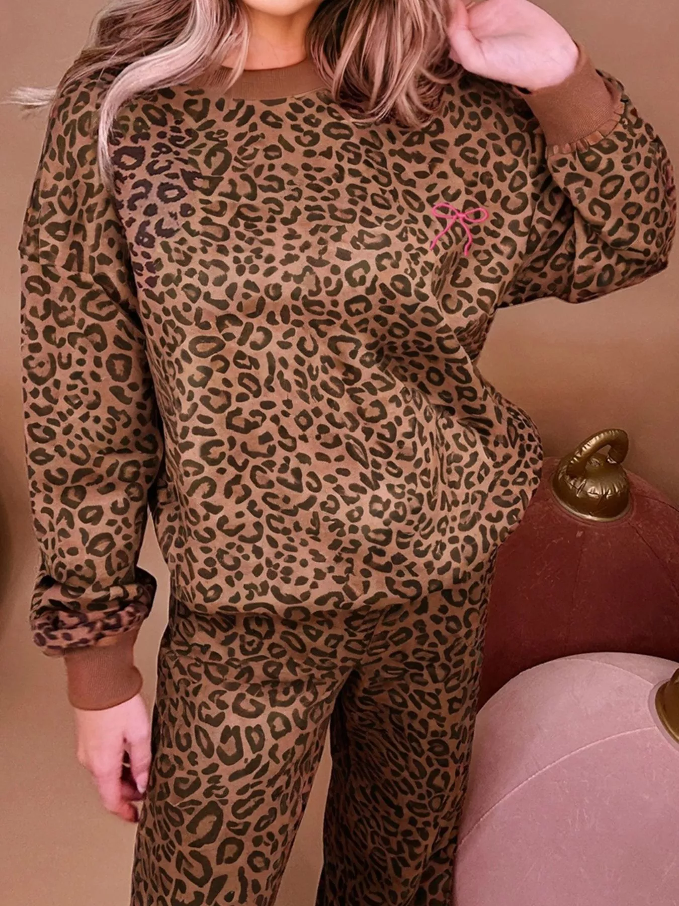 Leopard Print Contrast Trim Long Sleeve Top and Pants Set - Image 2