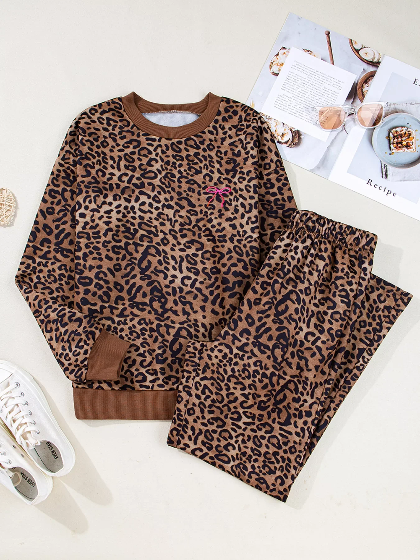 Leopard Print Contrast Trim Long Sleeve Top and Pants Set - Image 3